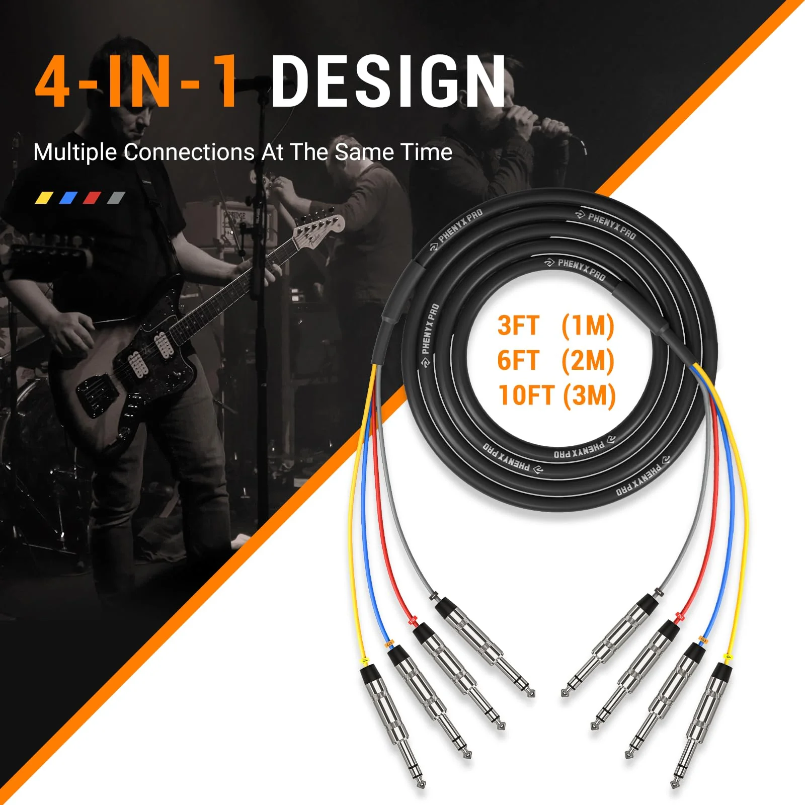Phenyx Pro 4-Channel TRS Snake Cable, Color-Coded Patch w/24 AWG OFC Copper, 3 Ft Cable, 1/4" Audio Cable, TRS to TRS Balanced 1/4-Inch for Guitar, Bass & AMP (PCBL-QR4IN1-3) 3 Feet - Image 2