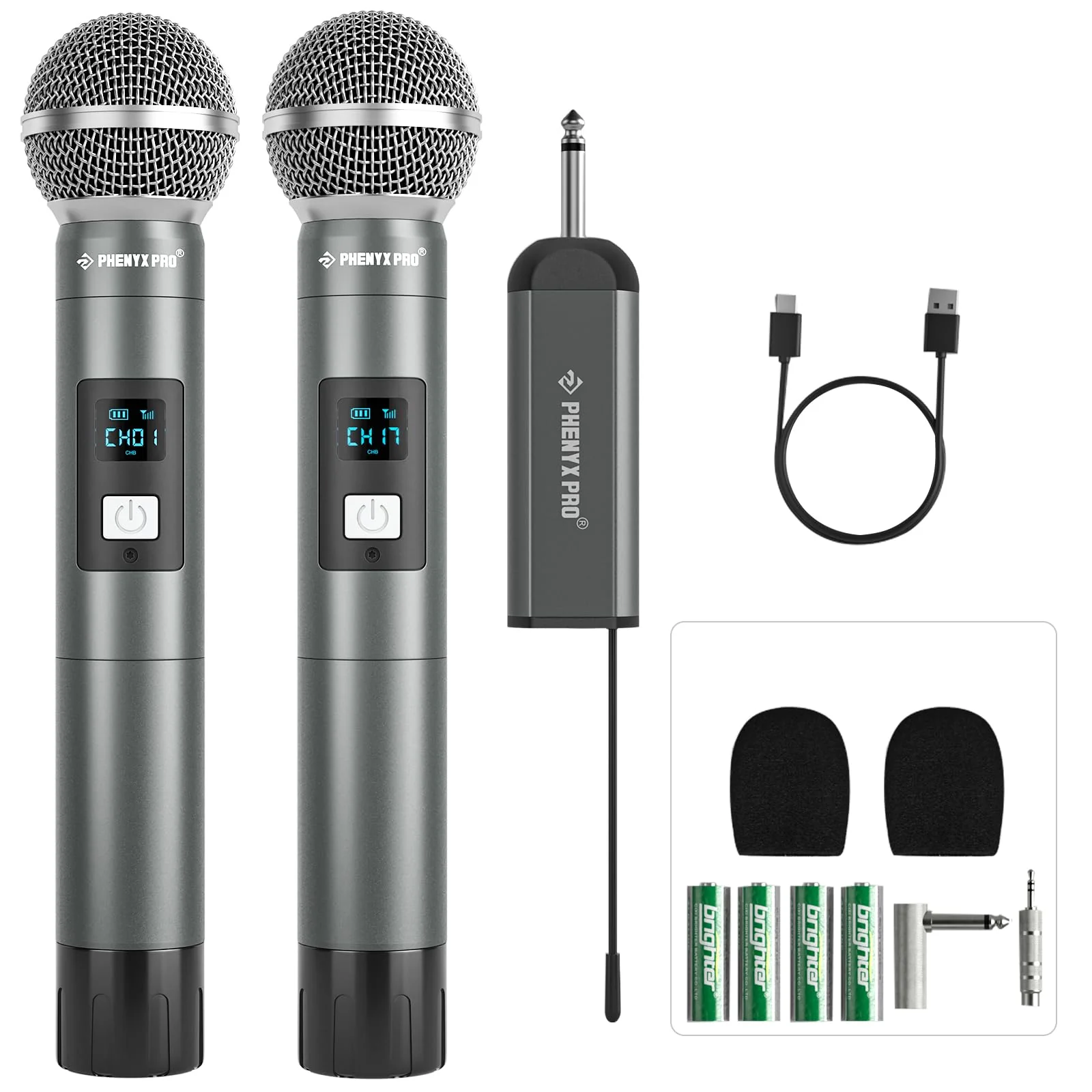 Phenyx Pro Dual Digital Wireless Microphone System, w/2 Handheld Dynamic Microphones,15 UHF Frequency Groups, Mini Receiver, Metal Cordless Mic for Karaoke,Church,DJ,Singing (PDP-2-2H) PDP-2