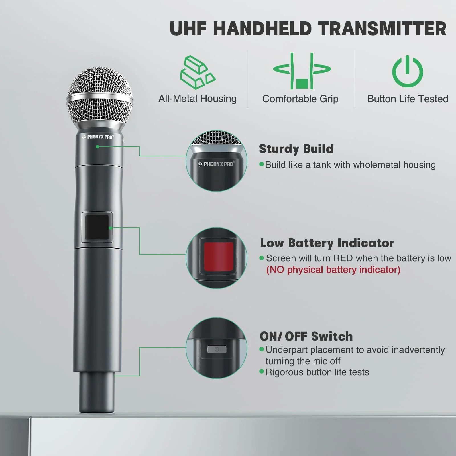 Phenyx Pro Professional Wireless Microphone, 561.6MHz UHF Dynamic Microphone, Metal Cordless Mic, Handheld Mic Transmitter for PTU-5000/PTU-4000 Series (PWH-5-561.6) - Image 2