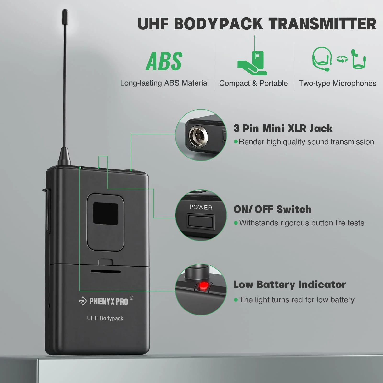 Phenyx Pro Wireless Bodypack Transmitter, 919.7MHz UHF Cardioid Pattern Wireless BodyPack Microphone, Fixed Frequency, 260 FT Range, for PTU-5000/PTU-4000 Series (PWB-5-919.7) - Image 4