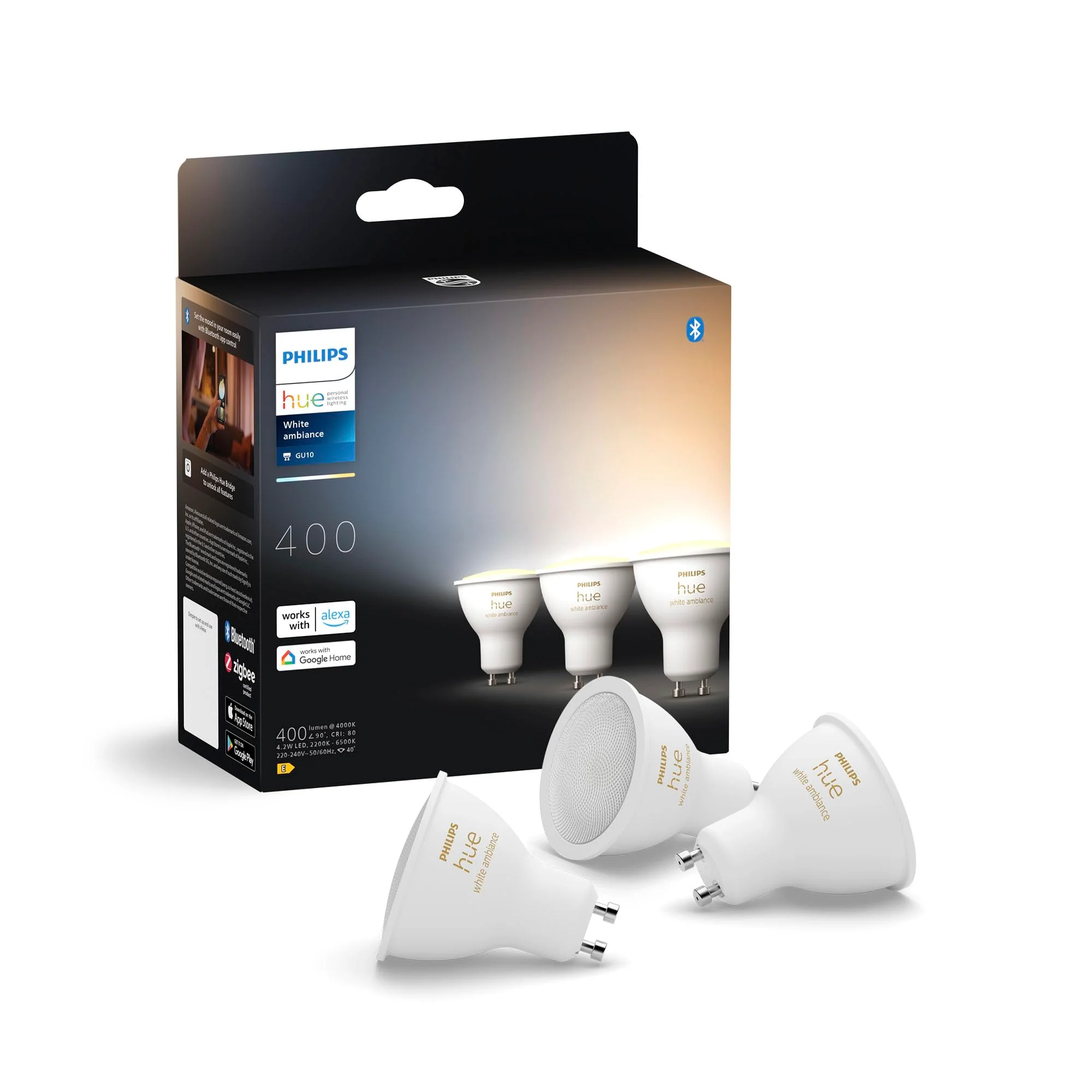 Philips Hue White Ambiance GU10 LED Spotlight, Pack of 3 (400 lm), Dimmable LED Bulbs for the Hue Lighting System, Warm White to Cat White Light, Smart Light Control via Voice and App