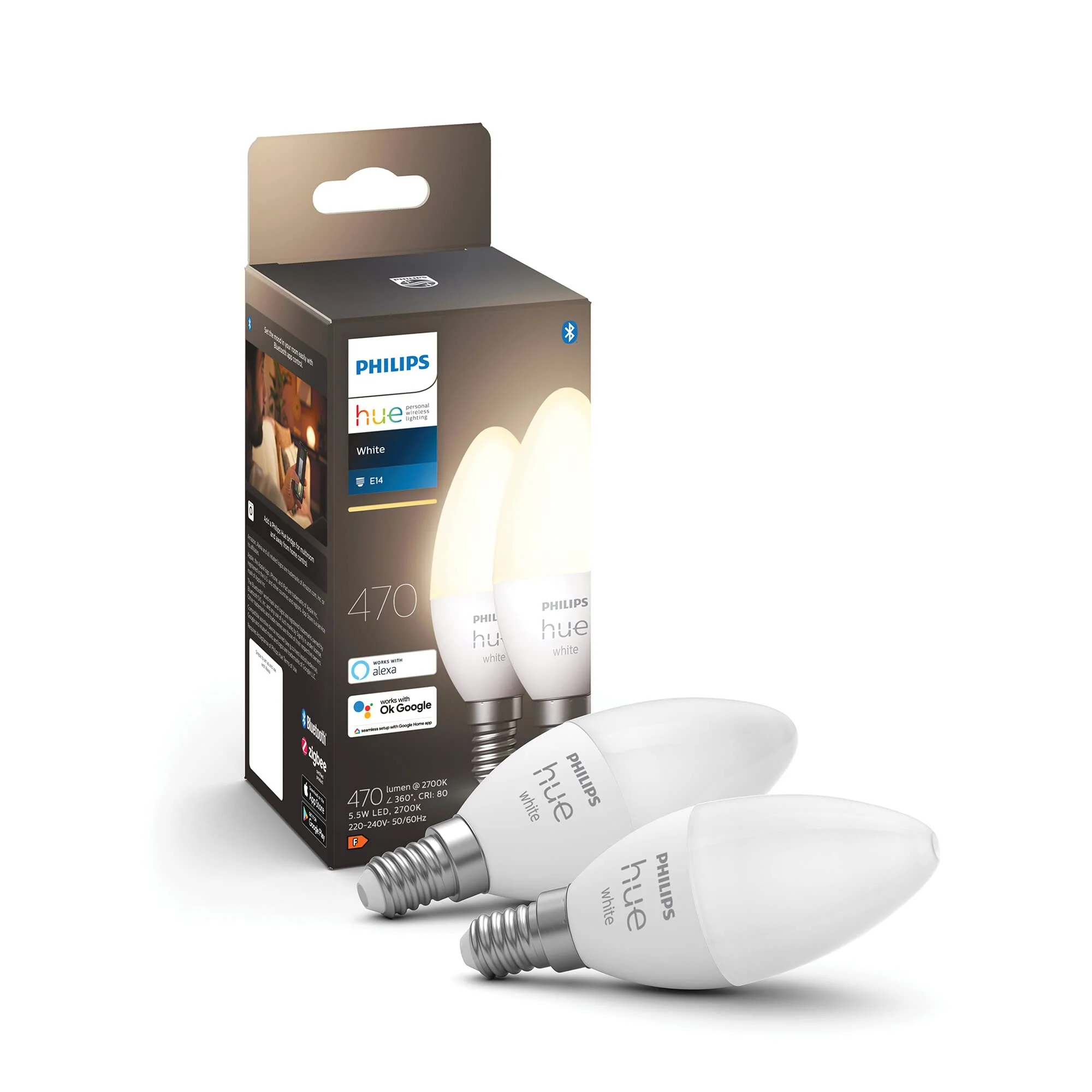 Philips Hue White E14 LED Bulbs in Candle Shape Pack of 2 (470 lm), Dimmable LED Bulbs for Hue Lighting System with Warm White Light, Smart Light Control via Voice and App 2 pieces (Pack of 1)