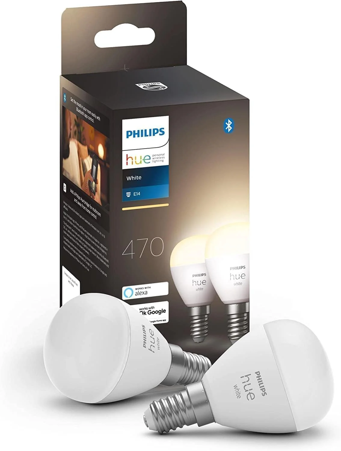 Philips Hue White E14 Luster, 2 x 470 lm, Dimmable, Warm White Light, Controllable via App, Compatible with Amazon Alexa (Echo, Echo Dot), Pack of 2 Doppelpack Single