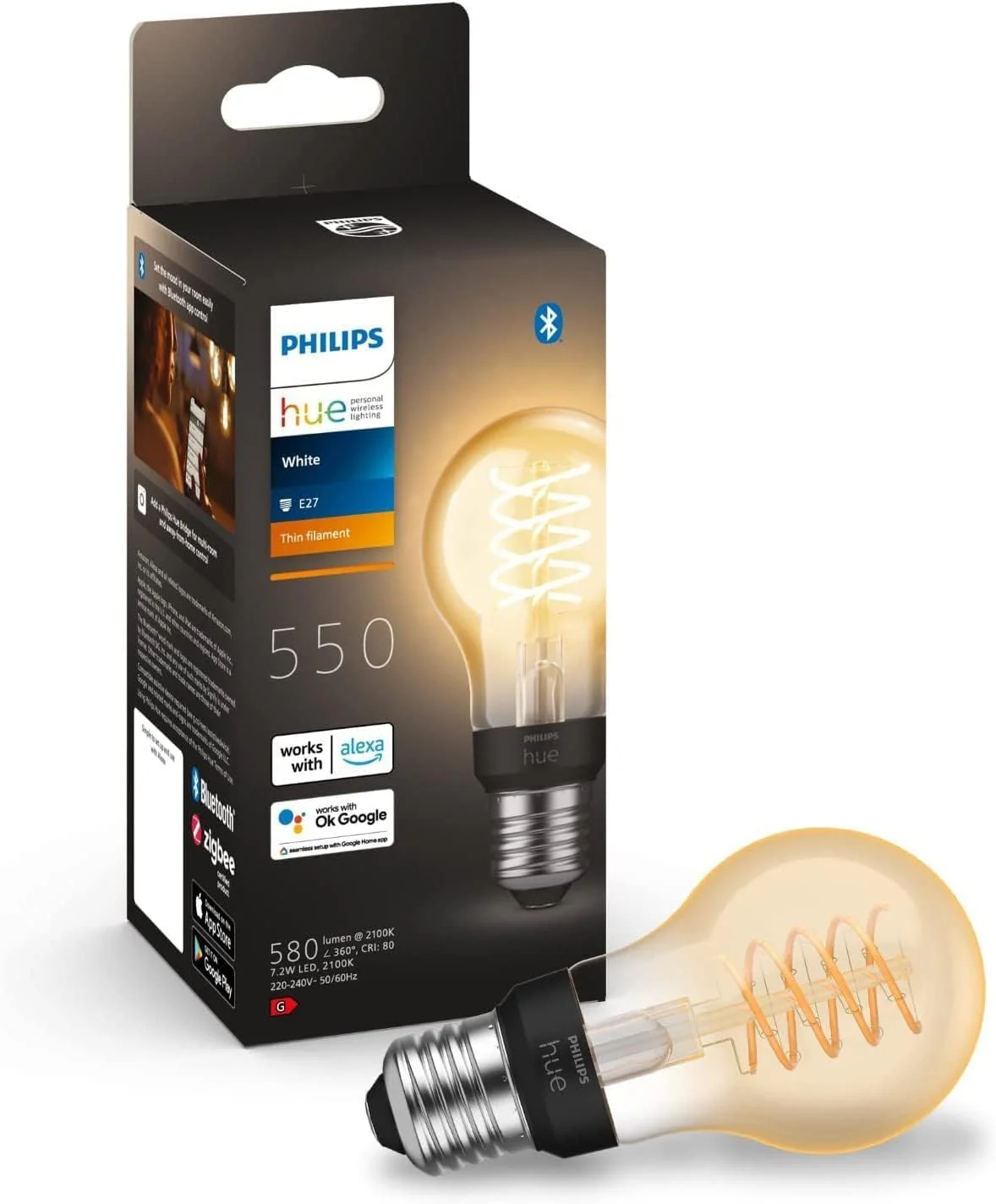Philips Hue White E27 Filament Lamp (550 lm), Dimmable LED Standard Lamp for Hue Lighting System with Warm White Light, Smart Light Control via Voice and App, Pack of 1 1er Pack