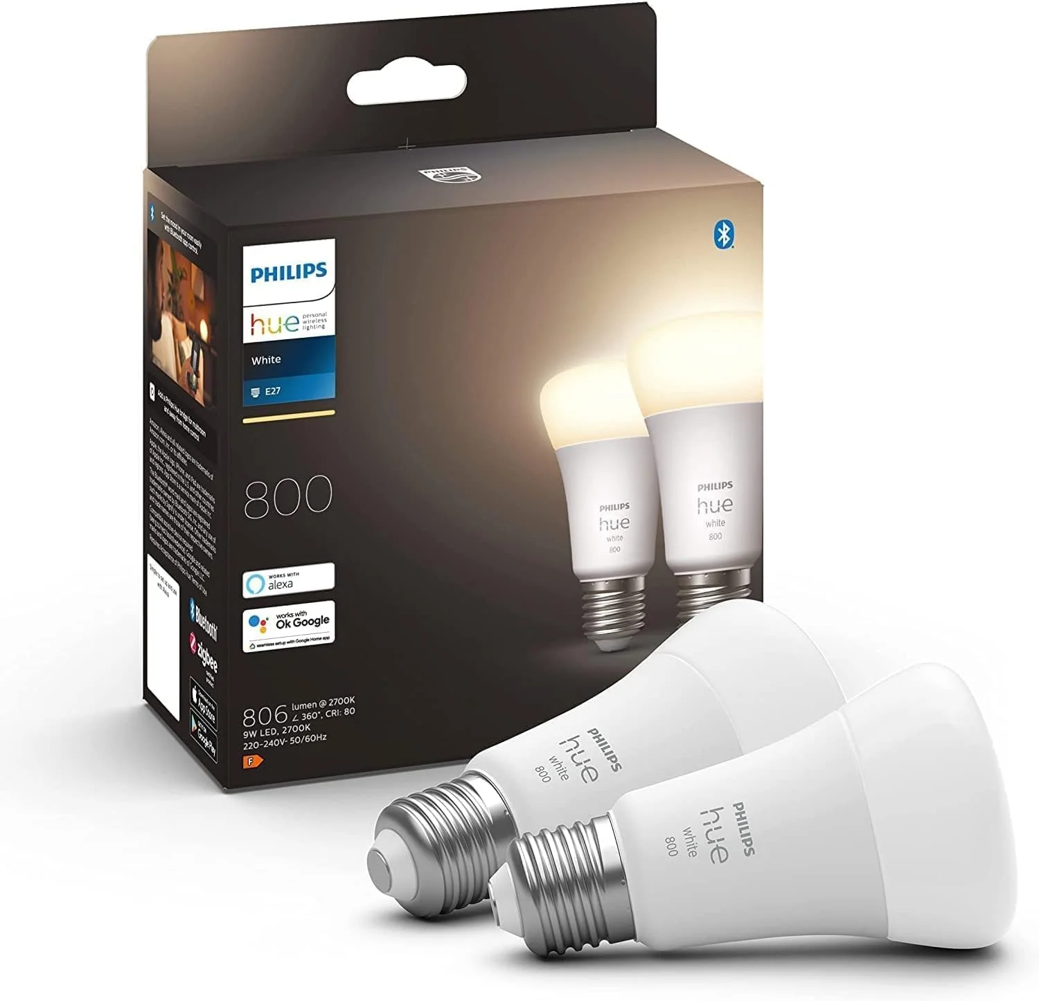 Philips Hue White E27 LED Bulb, Twin Pack, Dimmable, Warm White Light, Controllable via App, Compatible with Amazon Alexa (Echo, Echo Dot)