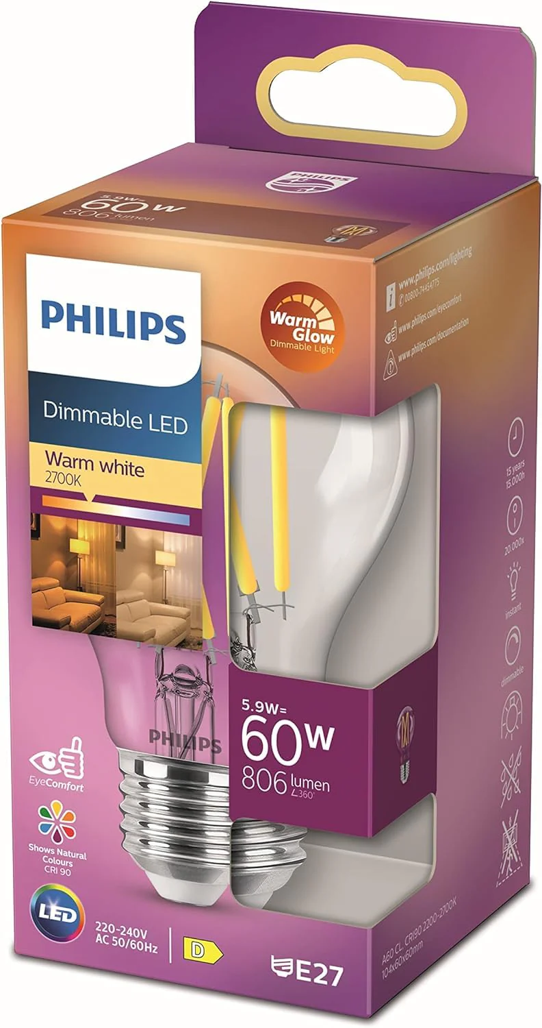 Philips LED Classic E27 Filament Lamp, Warm Glow (60 W), Dimmable LED Lamp with Warm White Light, Energy-Saving Lamp with Long Service Life Single