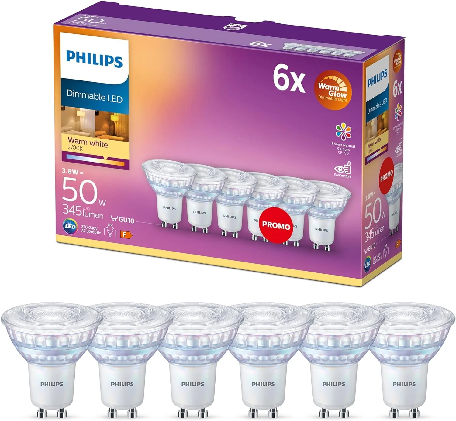 Philips LED WarmGlow lamp replaces 50W, GU10, warm white (2200-2700 Kelvin), 345 lumens, reflector, dimmable, pack of 6 5 x 5 x 5.3 cm Warmglow Dimmable