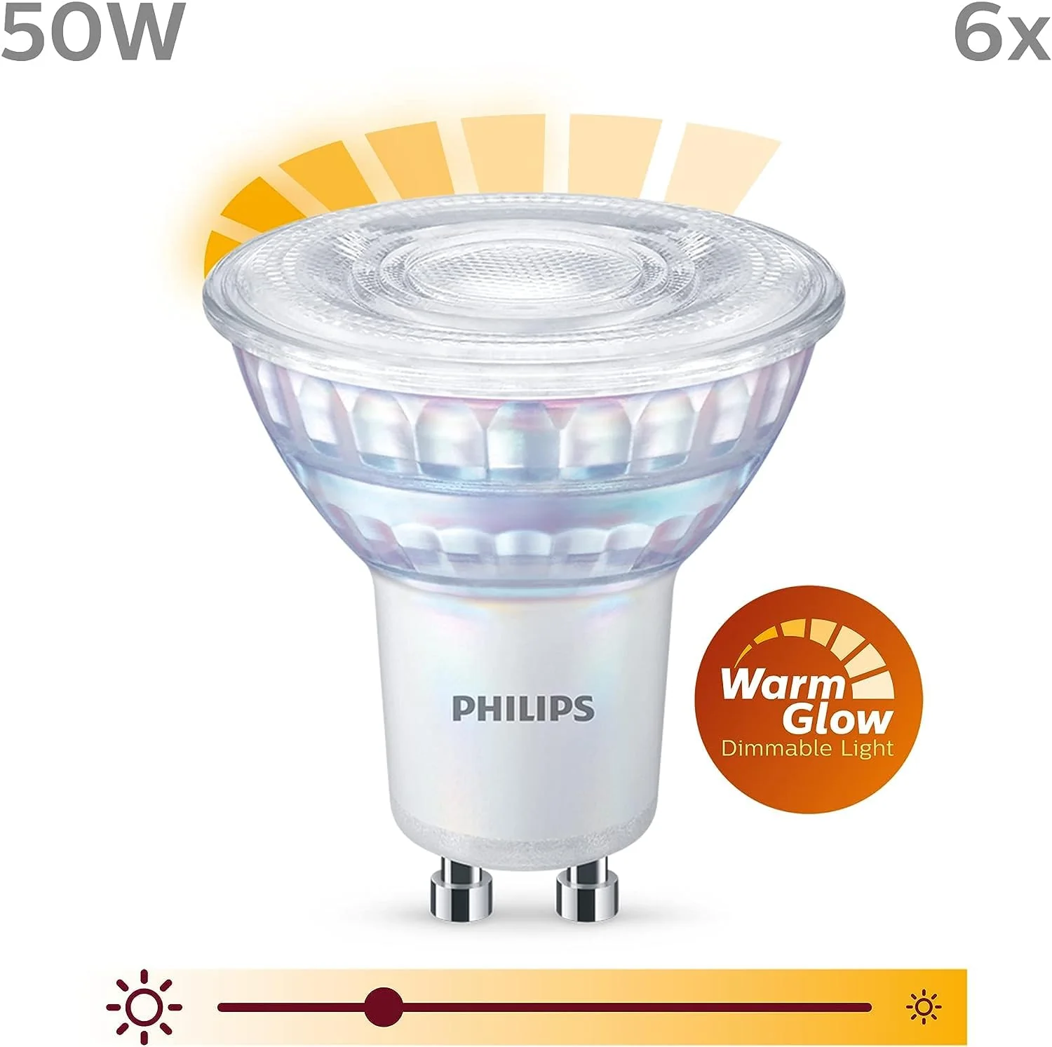 Philips LED WarmGlow lamp replaces 50W, GU10, warm white (2200-2700 Kelvin), 345 lumens, reflector, dimmable, pack of 6 5 x 5 x 5.3 cm Warmglow Dimmable - Image 2