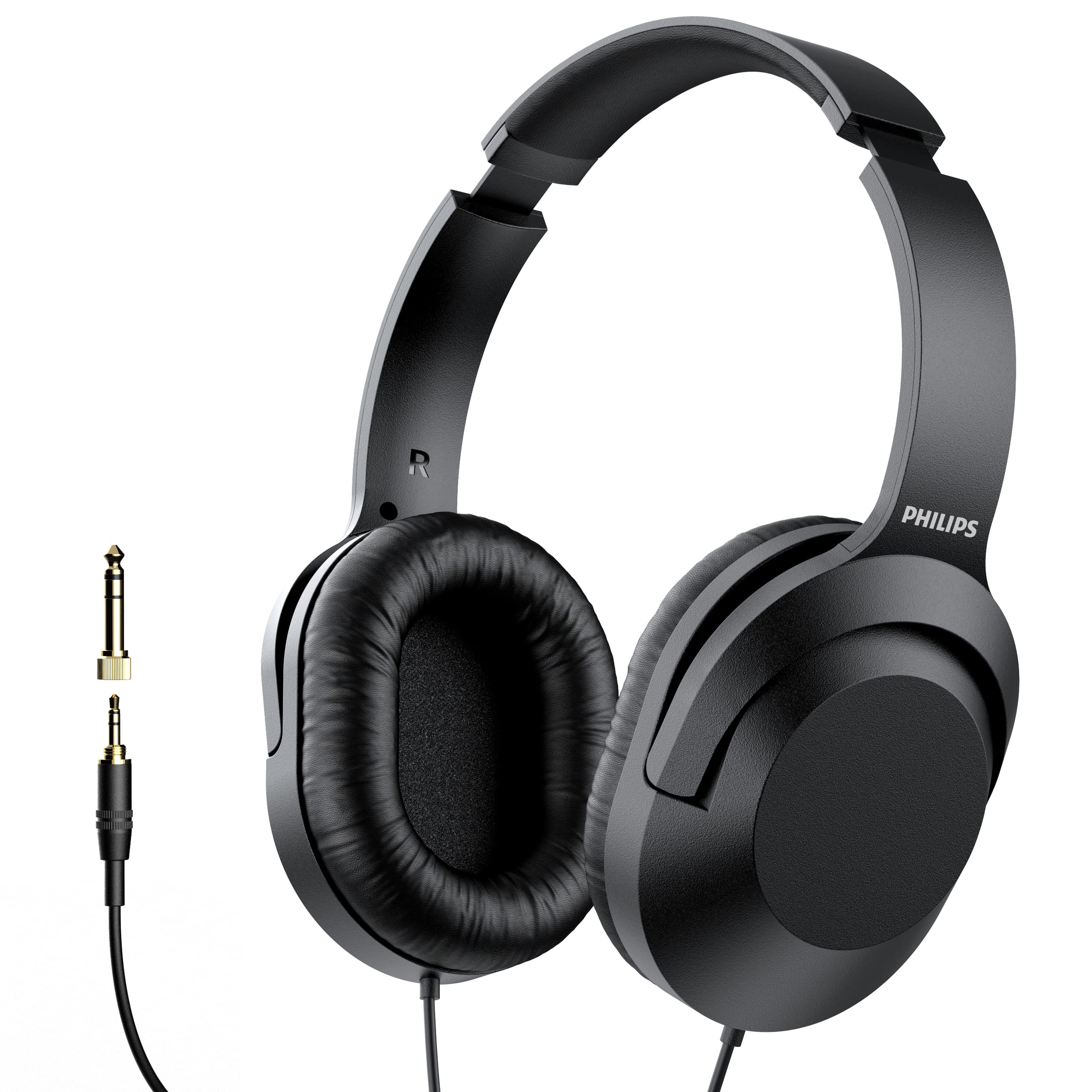 PHILIPS Over Ear Wired Stereo Headphones for Podcasts, Studio Monitoring and Recording Headset for Computer, Keyboard and Guitar with 6.3 mm (1/4") Add On Adapter Black