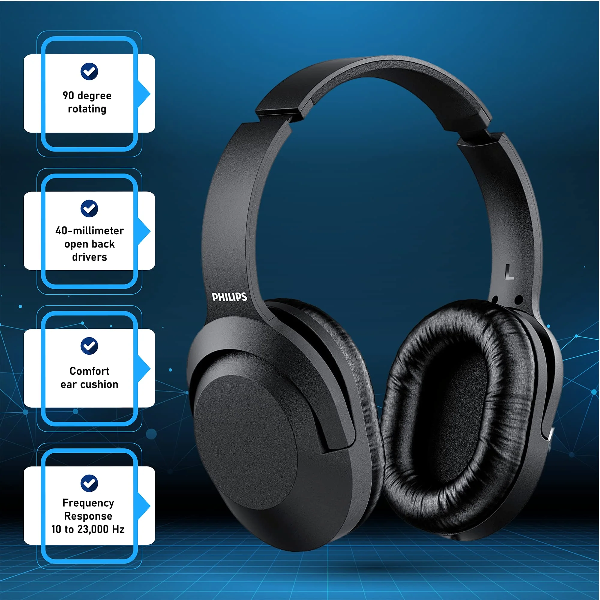 PHILIPS Over Ear Wired Stereo Headphones for Podcasts, Studio Monitoring and Recording Headset for Computer, Keyboard and Guitar with 6.3 mm (1/4") Add On Adapter Black - Image 3