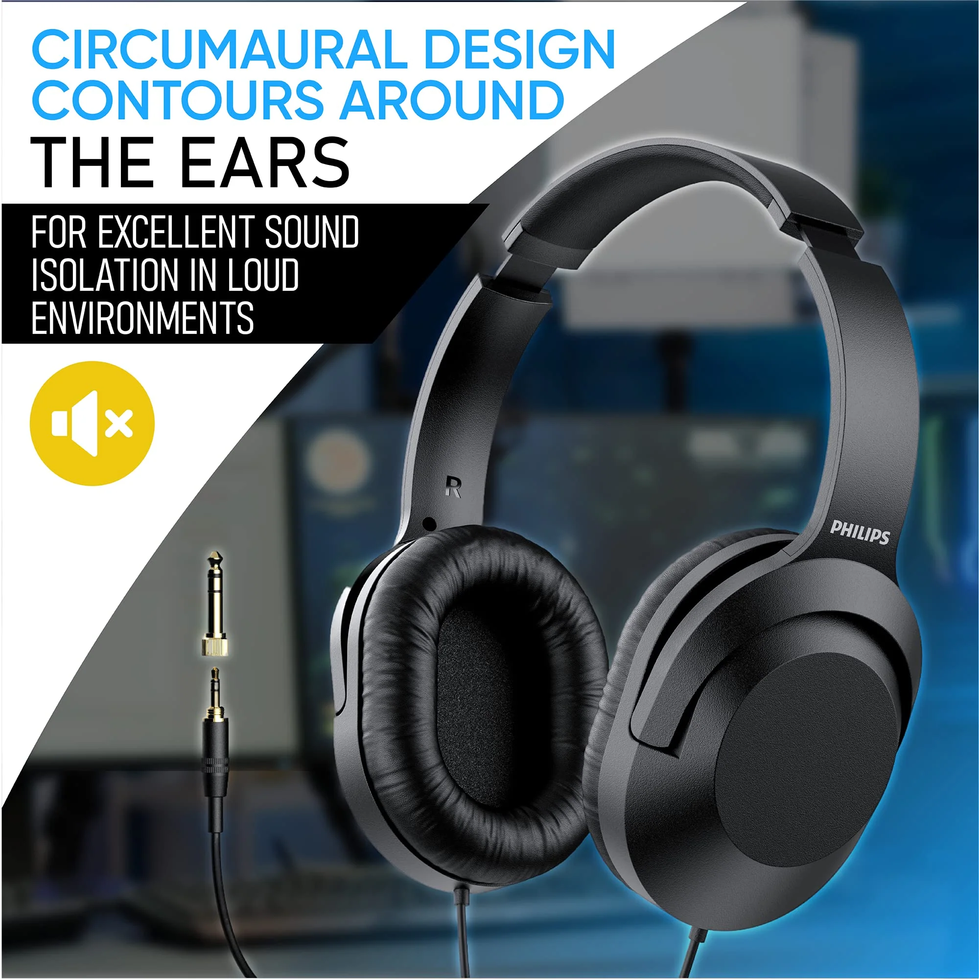 PHILIPS Over Ear Wired Stereo Headphones for Podcasts, Studio Monitoring and Recording Headset for Computer, Keyboard and Guitar with 6.3 mm (1/4") Add On Adapter Black - Image 5