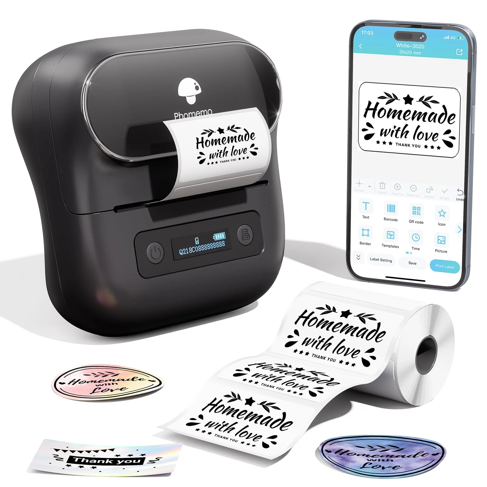 Phomemo M220 Label Maker,Thermal Label Printer,Upgrade Bluetooth Label Sticker Maker Machine, Multiple Template Font for Home,Office,Business,Organization,Inkless Printer Compatible with Phone &Laptop Black 1 Printer + 1 Roll Labels