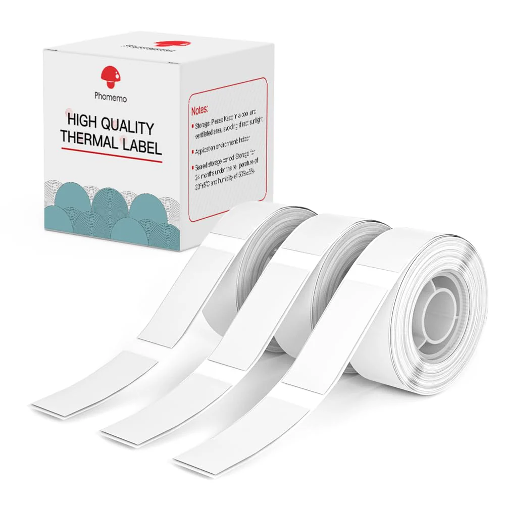 Phomemo Printer Paper D30 Sticker Thermal Paper Self-Adhesive Label Tape Black on White Self-Adhesive, 14 x 50 mm (0.55 x 1.97 Inch) 160 Tapes/Roll, 3-Roll 14x50 mm