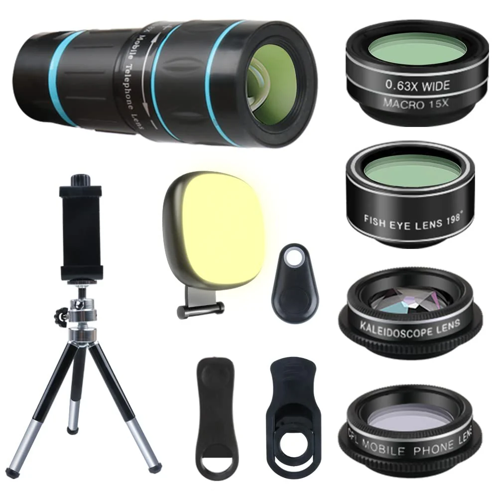 Phone Camera Lens, 6 lenses+ LED Light+ Remote Shutter+ Tripod, 18X Telephoto Zoom/Wide angle/Macro/Fisheye/CPL/Kaleidoscope camera lens kit for iPhone Xs X XR 8 7 6 Plus Samsung and Android Lenses with LED