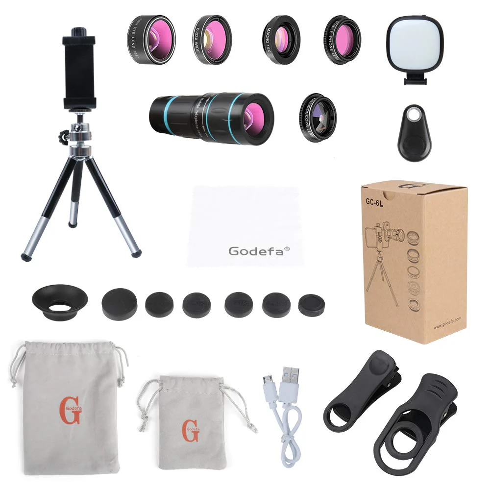Phone Camera Lens, 6 lenses+ LED Light+ Remote Shutter+ Tripod, 18X Telephoto Zoom/Wide angle/Macro/Fisheye/CPL/Kaleidoscope camera lens kit for iPhone Xs X XR 8 7 6 Plus Samsung and Android Lenses with LED - Image 9