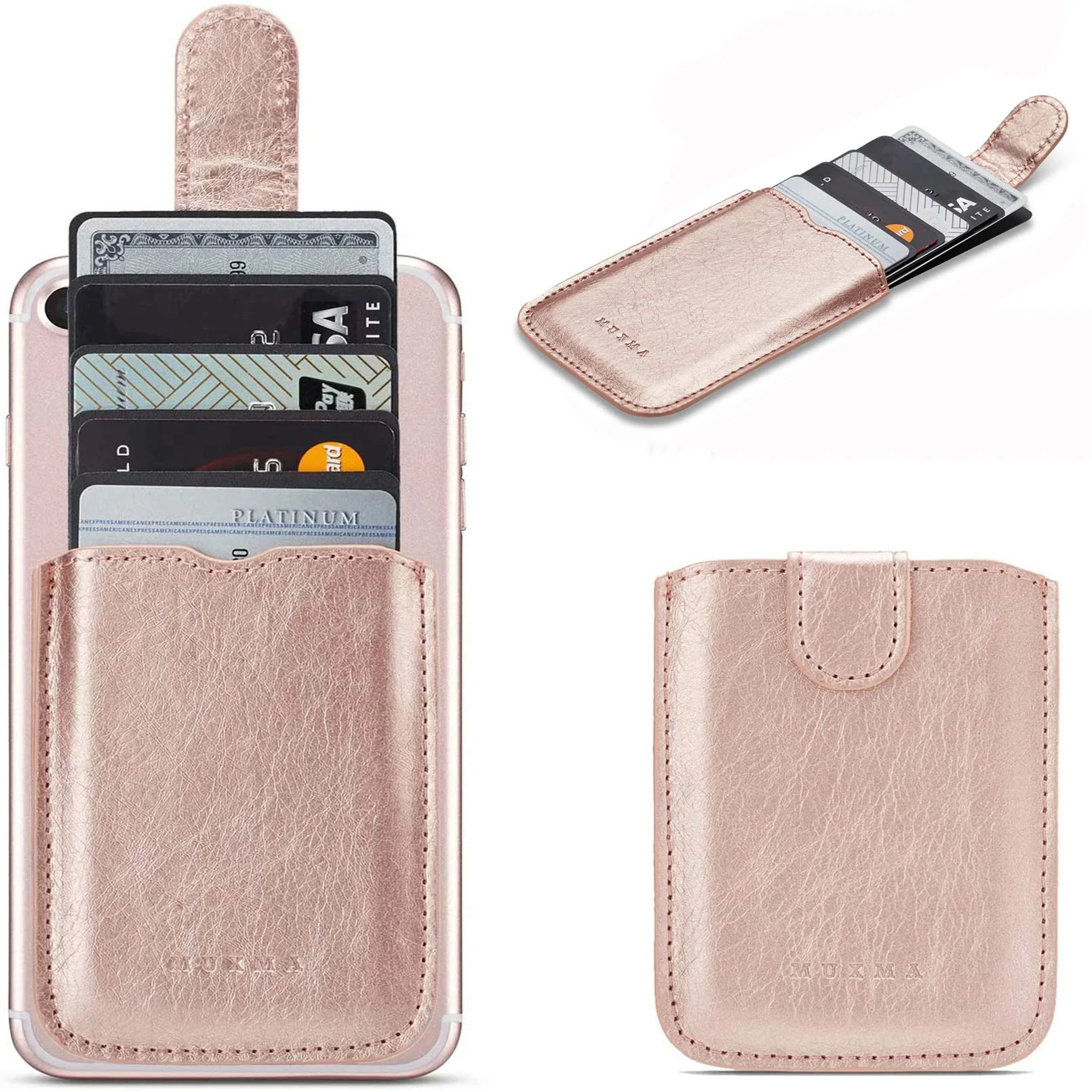 Phone Card Holder RFID Sleeve, Pu Leather Back Phone Wallet Stick-On Pull 5 Card Holder Universally Pocket Covers Credit Cash for iPhone/Android/All Smartphones(Rosegold) Rose