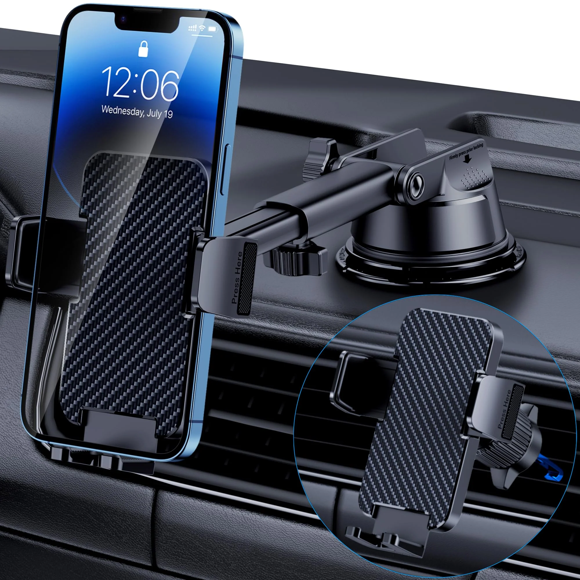 Phone Holder Car [Military Grade Suction Ultra Strong Base] Cell Phone Car Holder 3 in 1 Phone Mount for Car Dashboard Windshield Air Vent Hands-Free Car Phone Holders for iPhone Android Phones Black