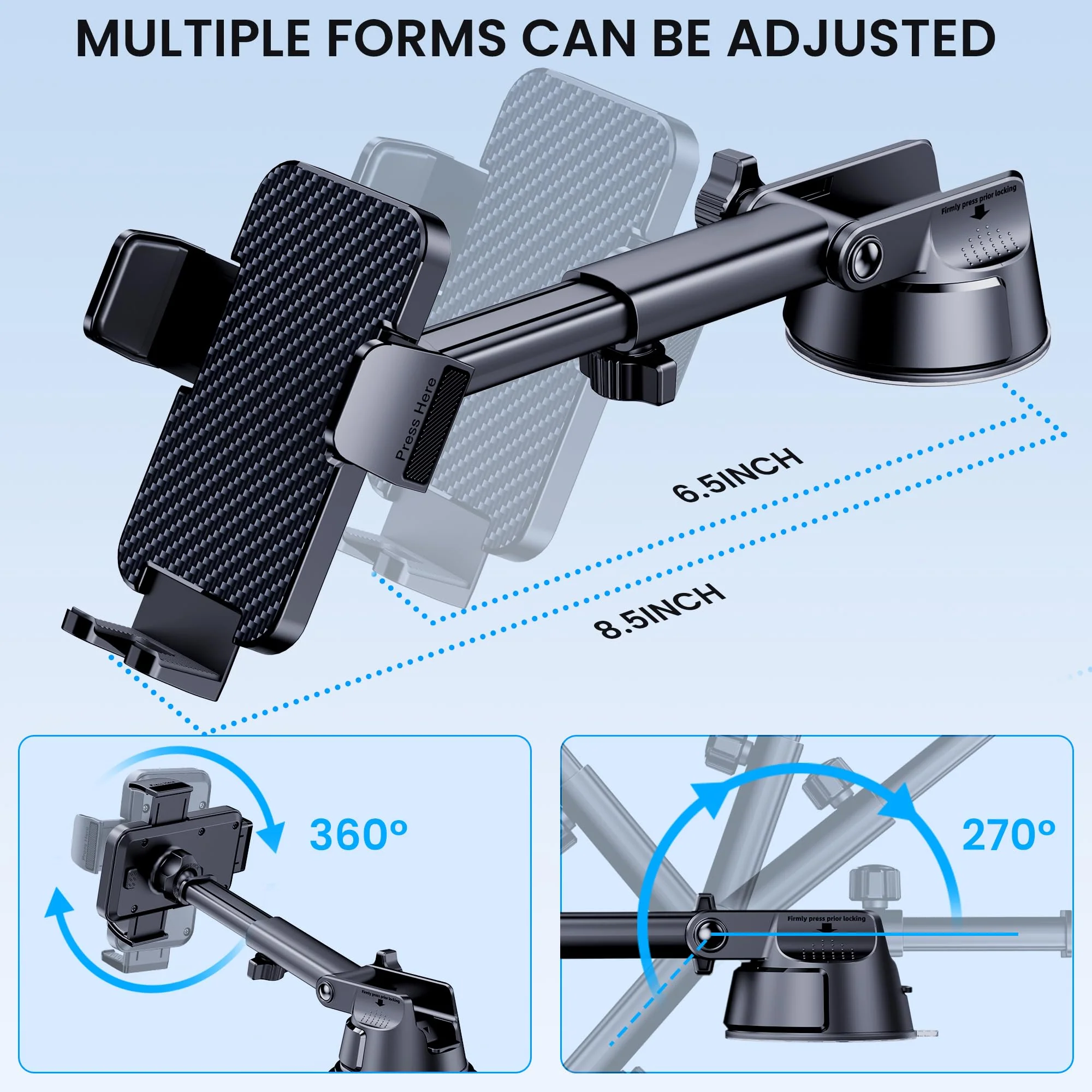 Phone Holder Car [Military Grade Suction Ultra Strong Base] Cell Phone Car Holder 3 in 1 Phone Mount for Car Dashboard Windshield Air Vent Hands-Free Car Phone Holders for iPhone Android Phones Black - Image 3