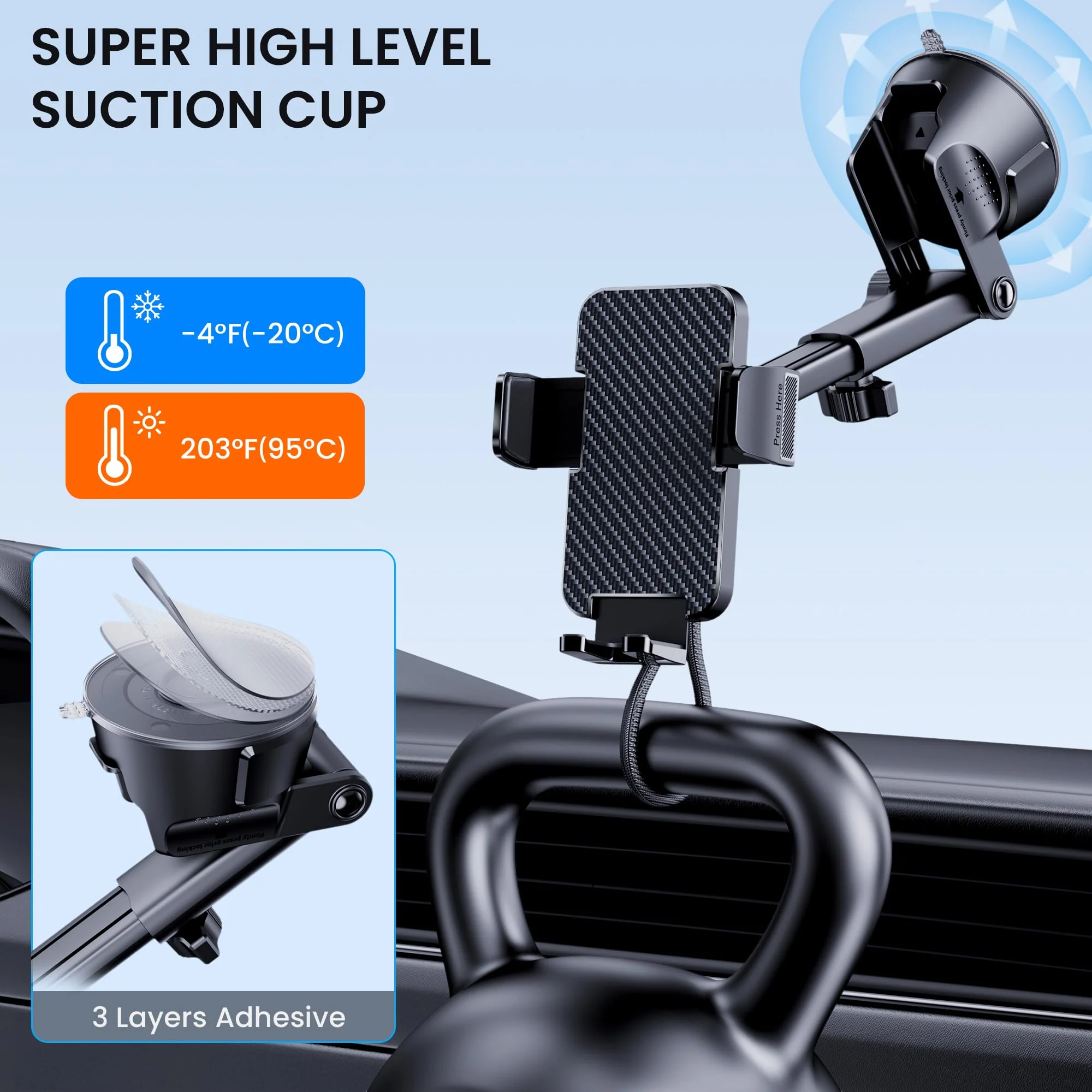 Phone Holder Car [Military Grade Suction Ultra Strong Base] Cell Phone Car Holder 3 in 1 Phone Mount for Car Dashboard Windshield Air Vent Hands-Free Car Phone Holders for iPhone Android Phones Black - Image 6