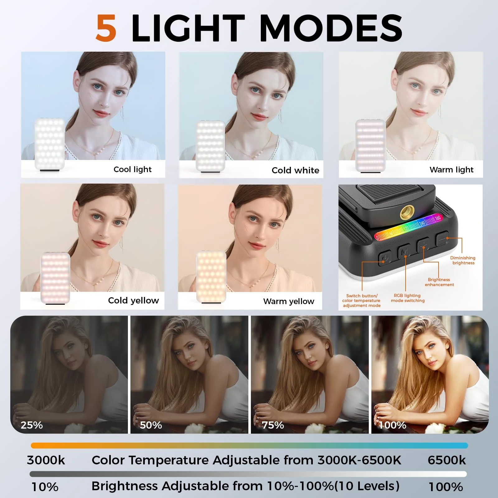 Phone Light, Selfie Light for iPhone, High Power Rechargeable RGB Light for Video Recording, Upgraded Adjustable Multi Mode Retractable Clip Portable Light, TikTok, Makeup, Content Creator Light Black - Image 3