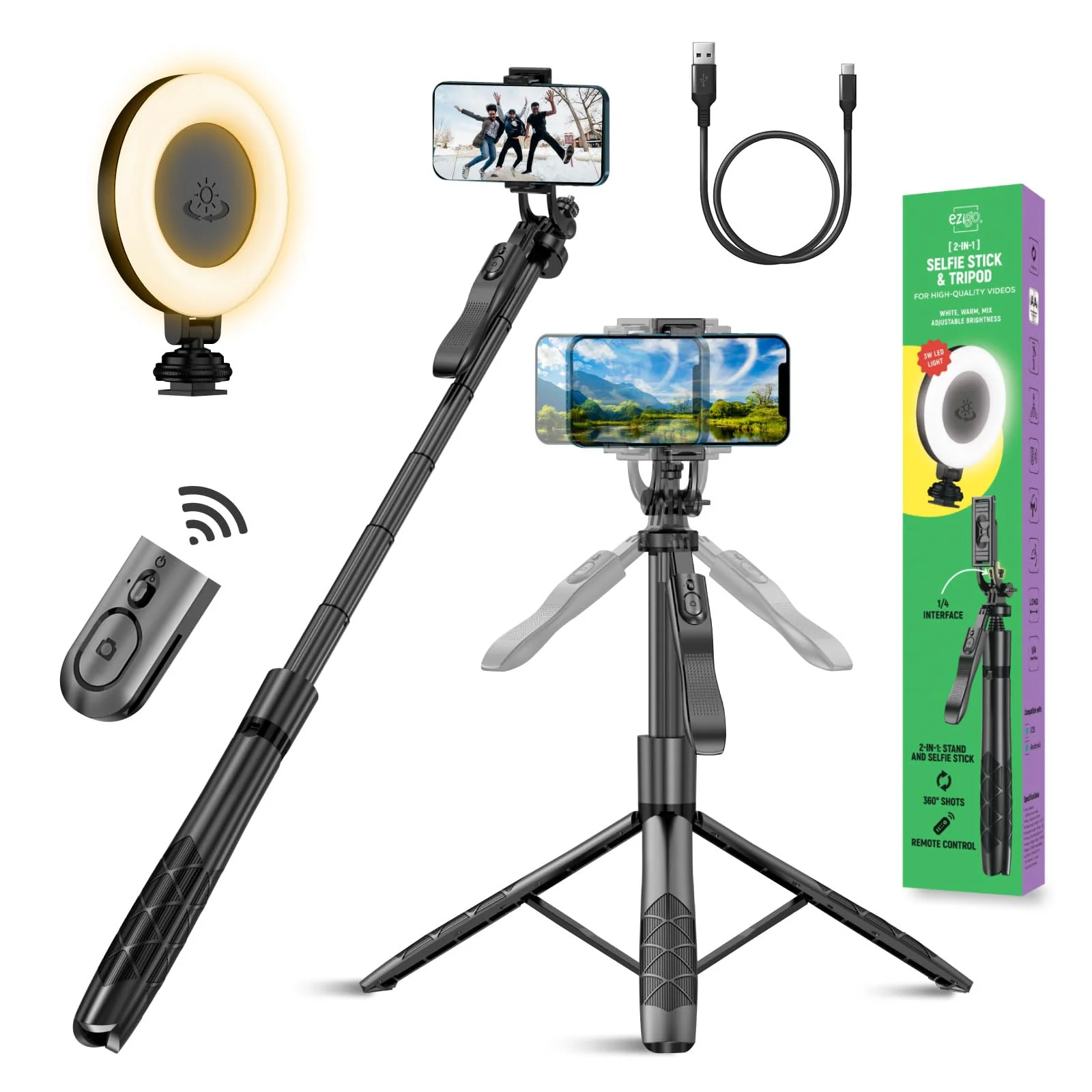 Phone Tripod 62" Selfie Stick for iPhone with Remote and 3W LED Light, Universal Mount, Phone Stand for Recording & Streaming, Tripod for iPhone & Android Phone & Gopro Black