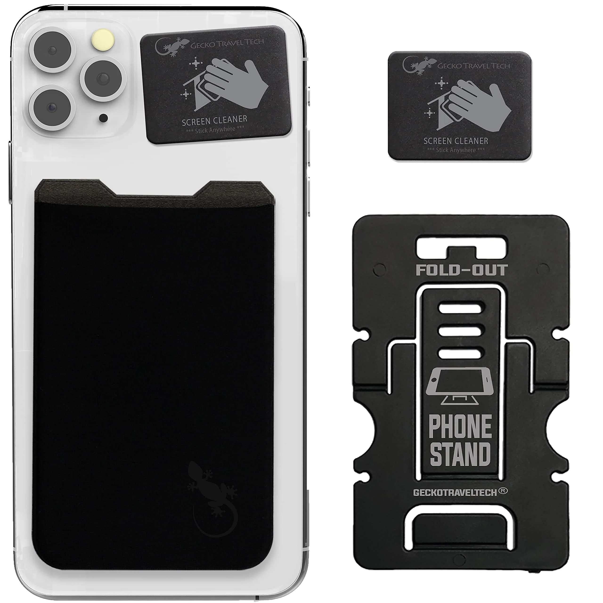 Phone Wallet - Adhesive Card Holder - Cell Phone Pouch - Stick on Lycra Pocket by Gecko - Carry Credit Cards and Cash BLACK BLACK