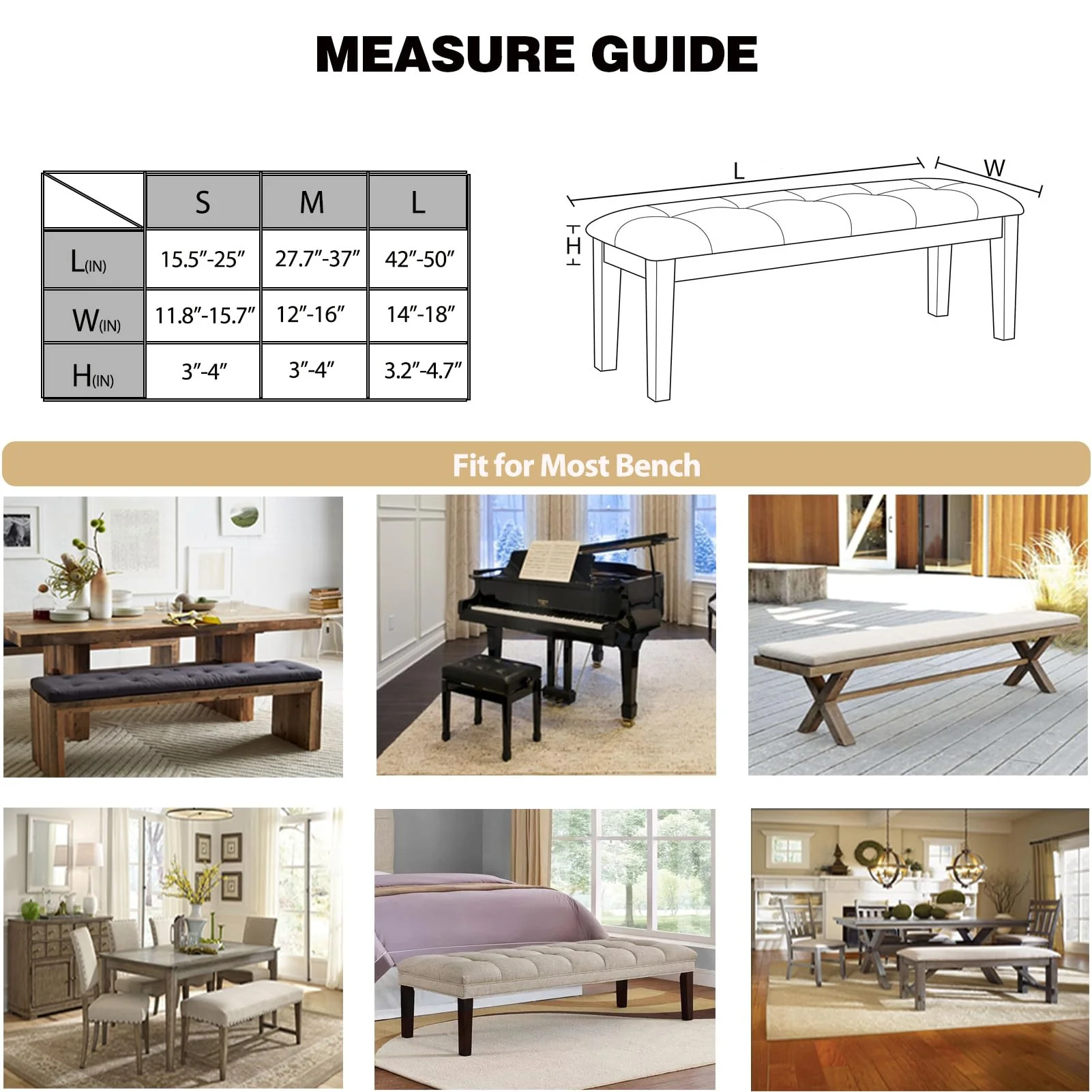 Piano Bench Cover Stretch Velvet Thick Bench Cushion Protector Cover Rectangle Bench Covers for Living Room,Bedroom,Kitchen(Medium Size,Beige) Velvet Fabric Beige Medium - Image 4