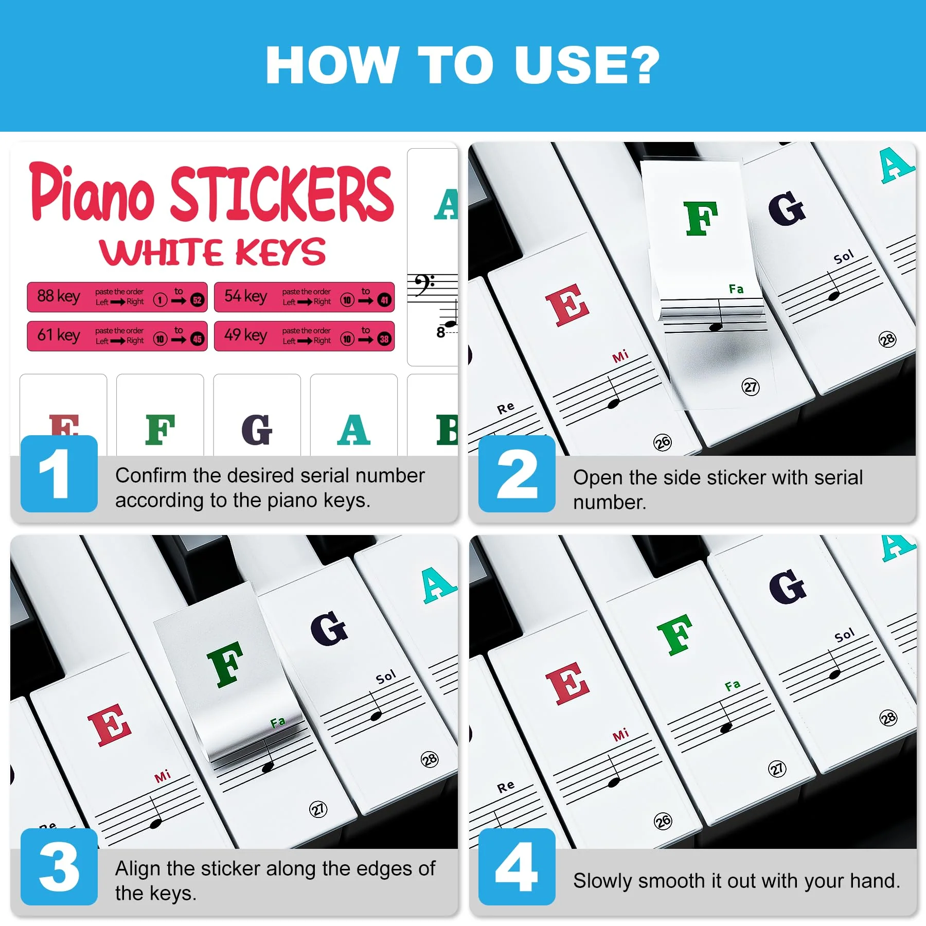 Piano Keyboard Stickers for 88/61/54/49/37 Key, Bold Large Letter Piano Stickers for Learning, Removable Piano Note Sticker Letters, Notes Label for Beginners and Kids, Multicolor - Image 6