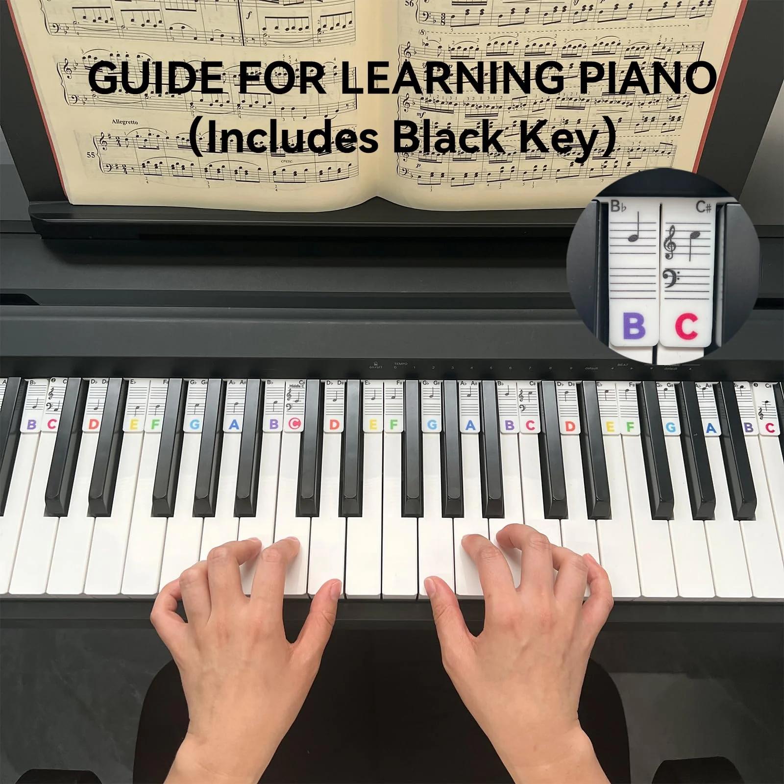 Piano Note Strips with Black Keys, Fit 88/76 Key Piano Keyboard Learning, Removable Piano Key Stickers 88Key-Rainbow - Image 2