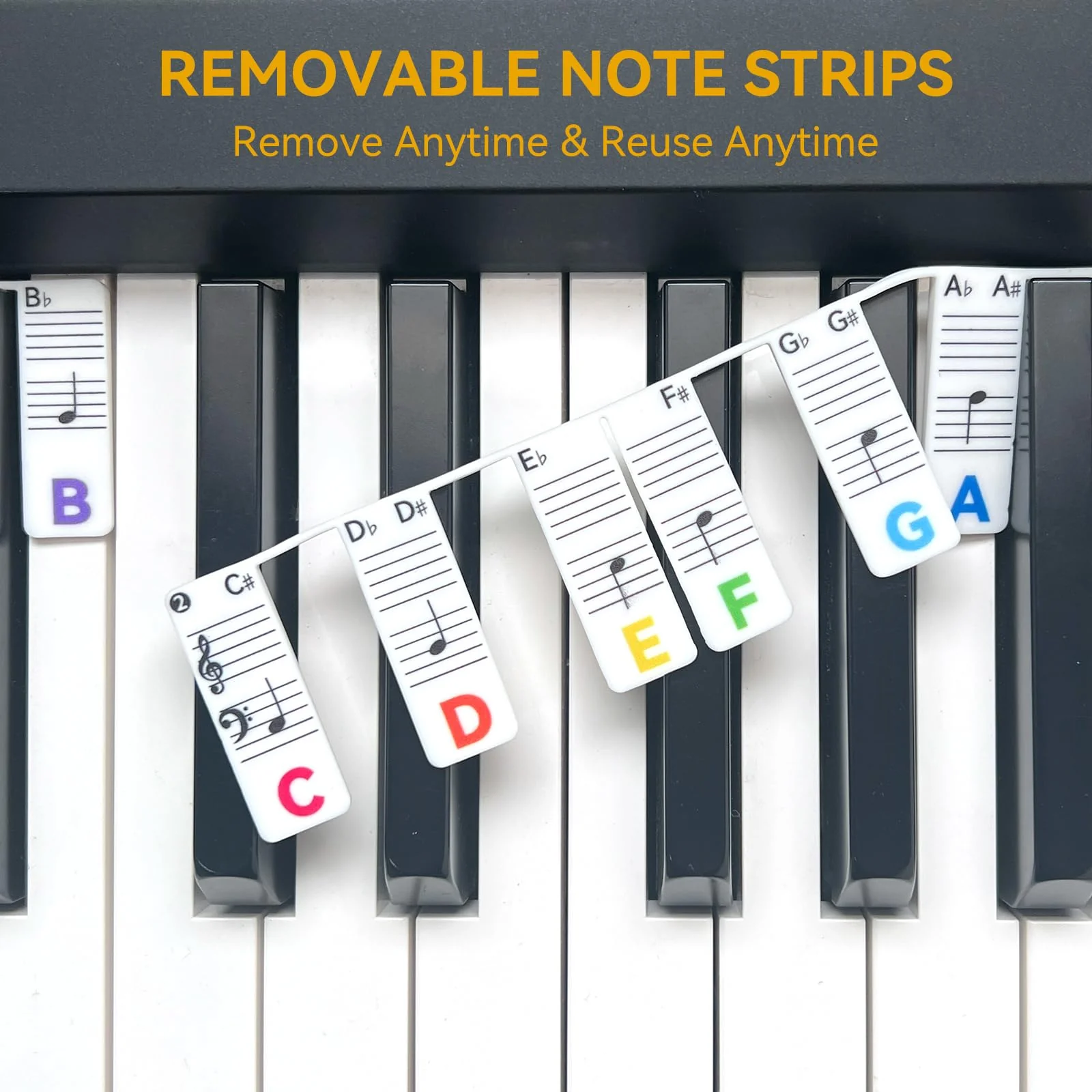 Piano Note Strips with Black Keys, Fit 88/76 Key Piano Keyboard Learning, Removable Piano Key Stickers 88Key-Rainbow - Image 5