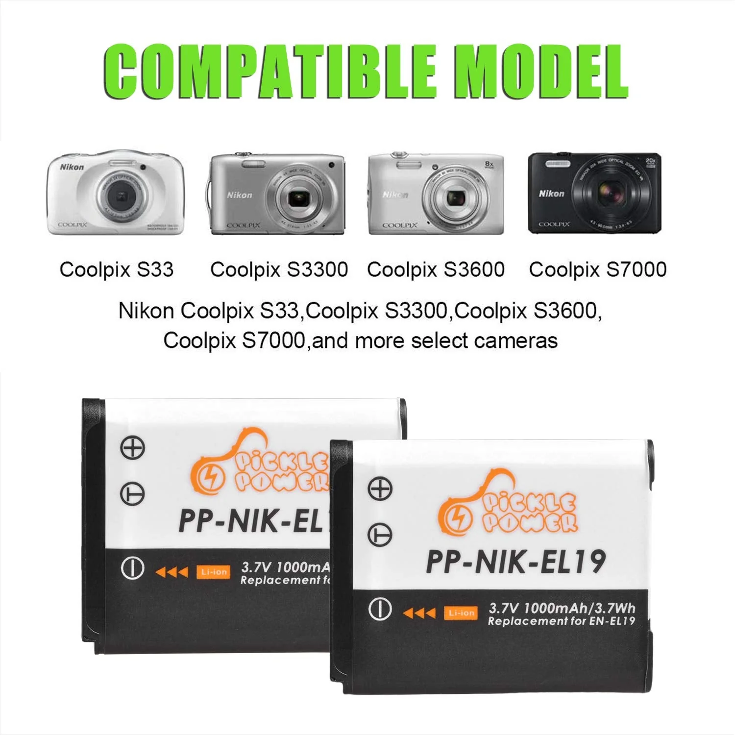 Pickle Power EN-EL19 NP-BJ1 Battery and LED USB Charger Compatible with Nikon Coolpix S32 S33 S100 S2800 S3100 S3200 S3300 S3500 S3600 S3700 S4100 S4200 S4300 S5200 S5300 S6500 S6600 S6800 S6900 S7000 - Image 3