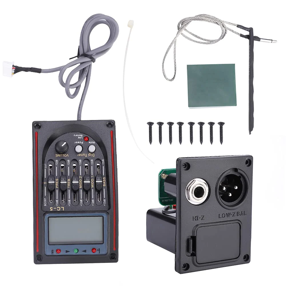 Pickup Guitar Preamp, LCD 5-Band Acoustic Guitar Preamp EQ LC-5 Equalizer Piezo Pickup Tuner Amplifier LCD Mic 1 Set Guitar Pickup Equalizer with LCD Display for Acoustic Guitar