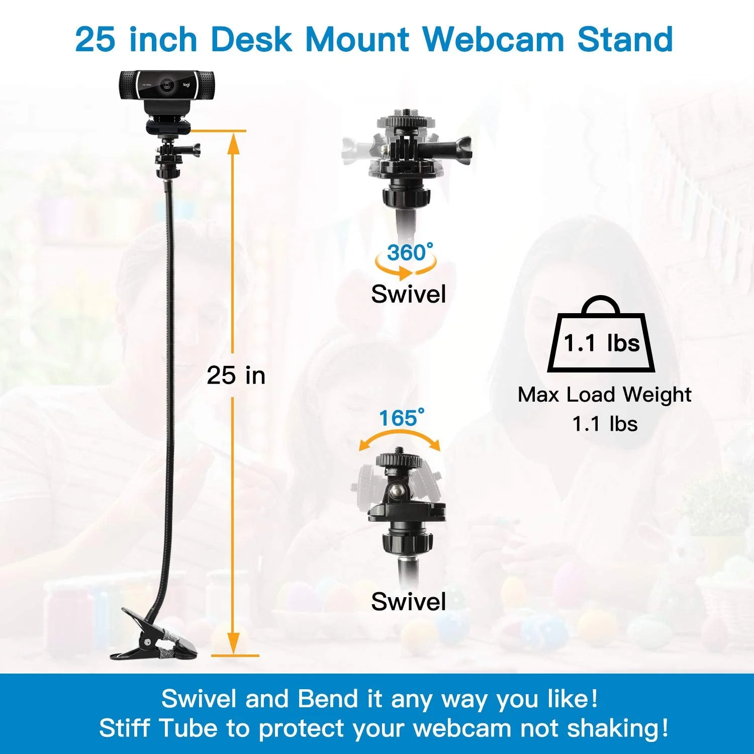 Pipishell 25 Inch Webcam Stand - Flexible Desk Mount Clamp Gooseneck Stand for Logitech Webcam C930e,C930,C920, C922x,C922, Brio 4K, C925e,C615-PIWS01 - Image 3