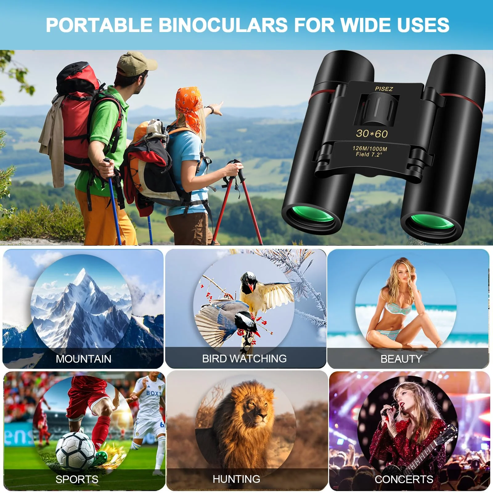 PISEZ 30X60 Compact Binoculars for Adults and Kids,Lightweight Foldable Easy Focus Small Binoculars for Bird Watching Hunting Concert Traveling Theater Opera Sightseeing black - Image 2