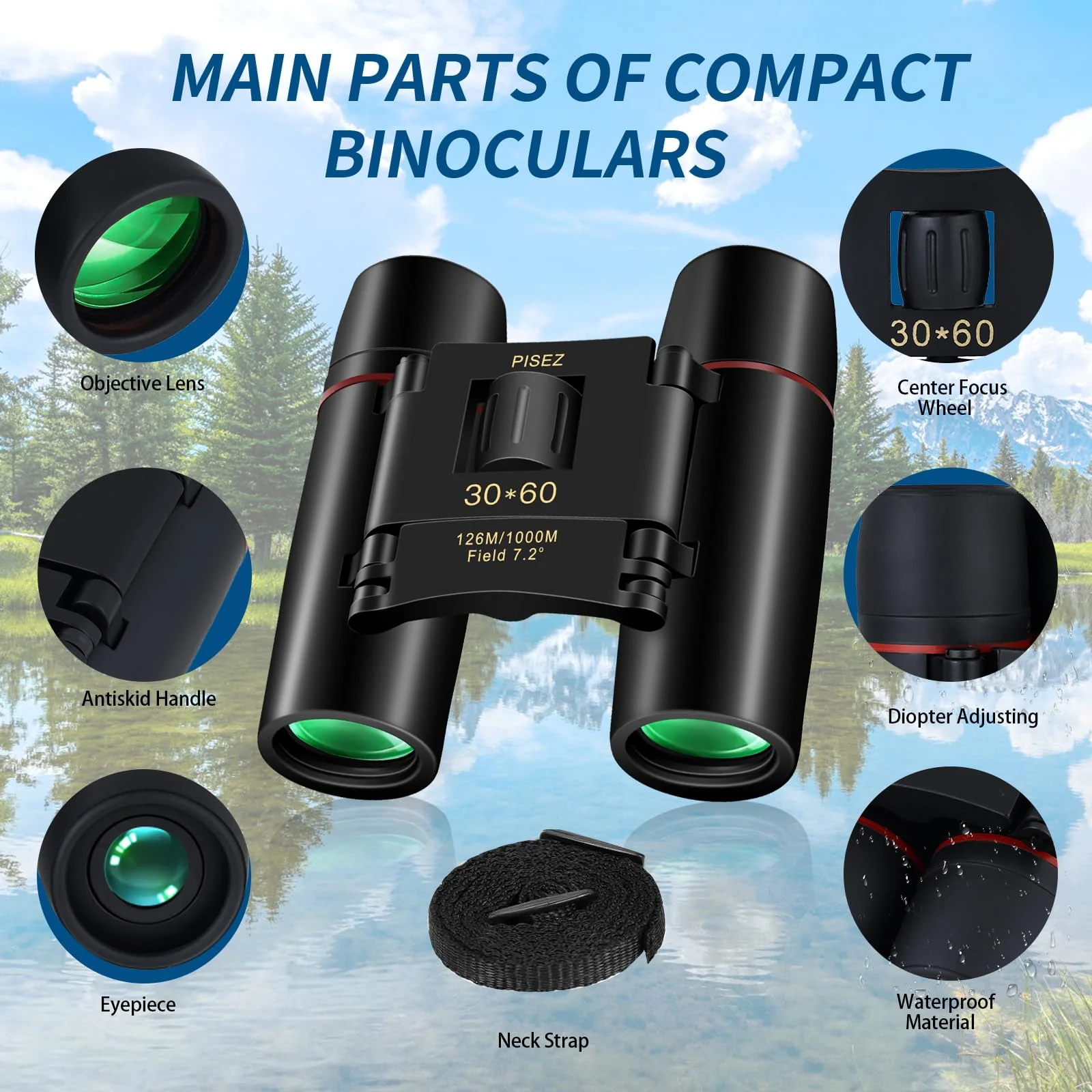 PISEZ 30X60 Compact Binoculars for Adults and Kids,Lightweight Foldable Easy Focus Small Binoculars for Bird Watching Hunting Concert Traveling Theater Opera Sightseeing black - Image 8