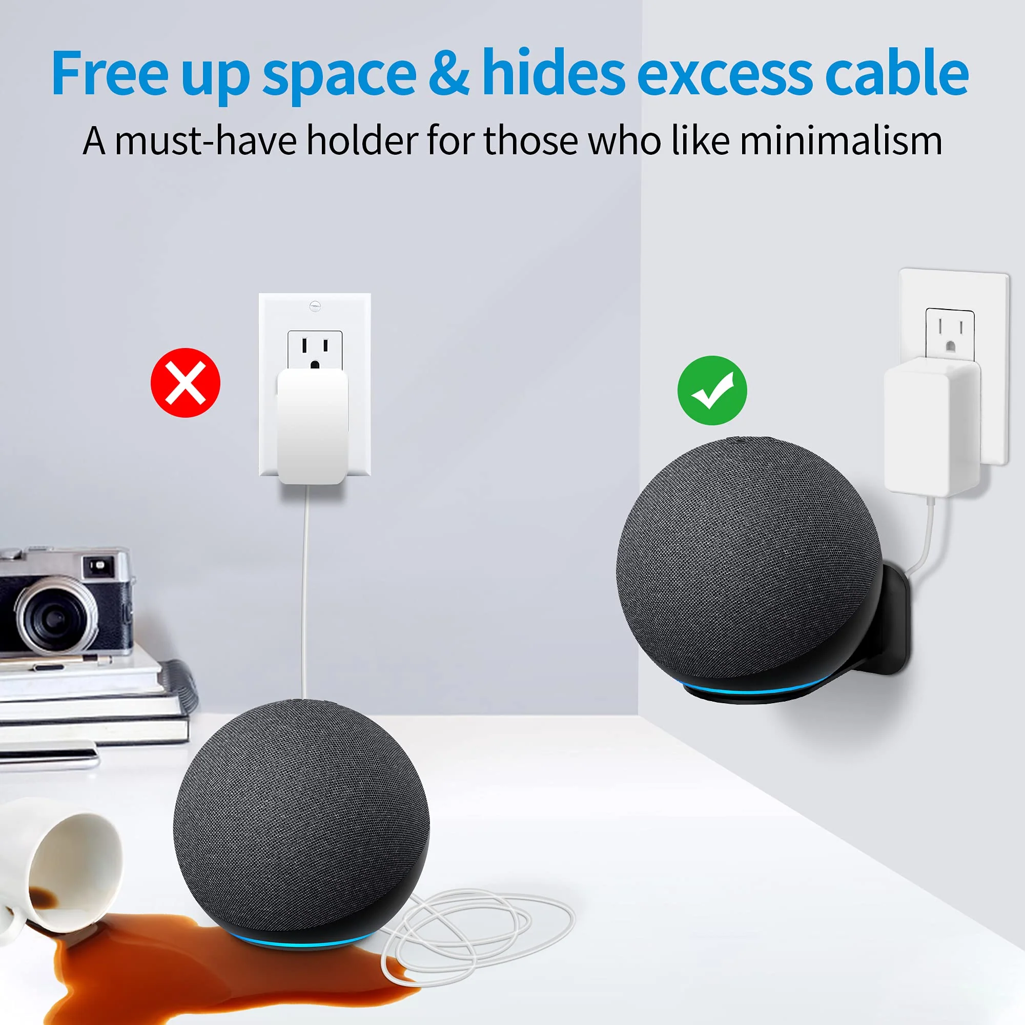 PlusAcc Wall Mount for 4th Gen - Space-Saving Stand Shelf Compatible with Google Home Mini & 4th Generation, Metal Bracket with Cable Management(Black) Black - Image 3