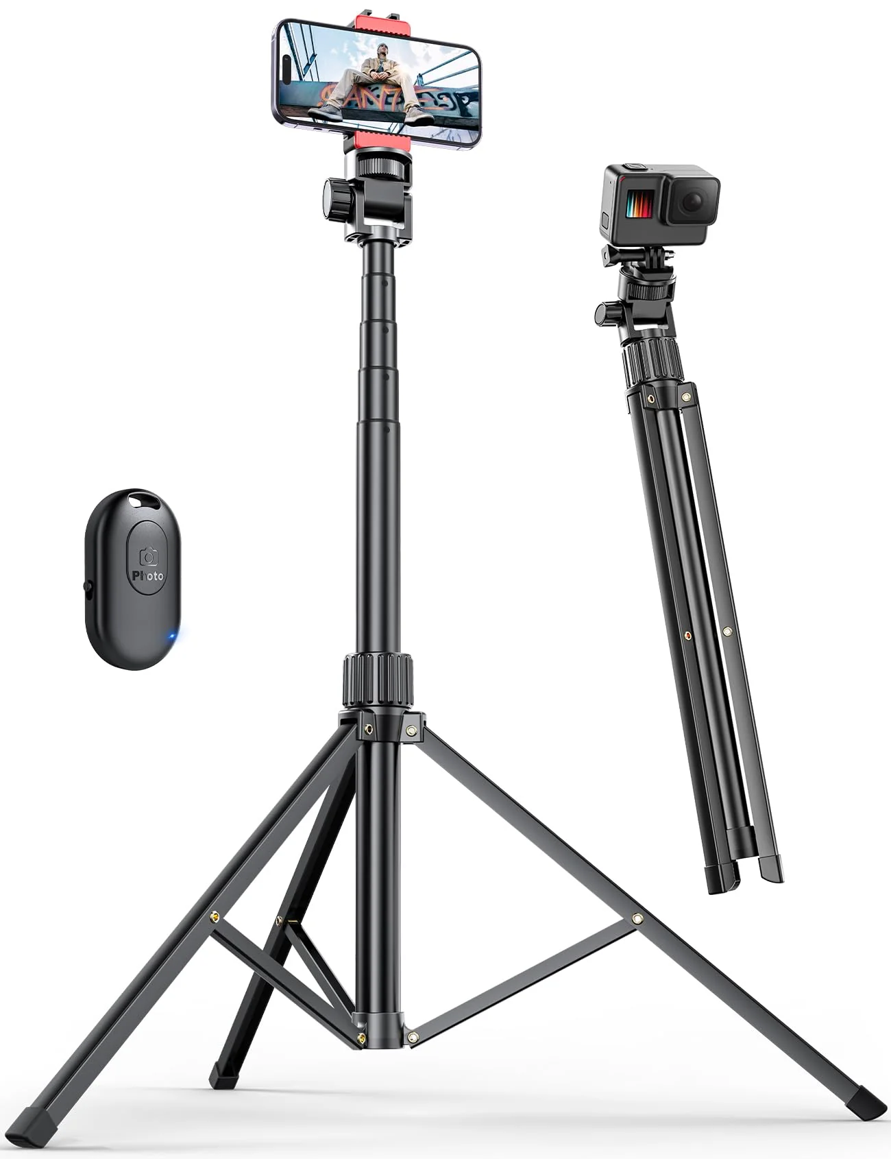 Pnitri 71'' Phone Tripod Stand, Extendable Reinforced Aluminum Phone Stand with Wireless Remote, Stable Cellphone Tripod Compatible with iPhone 15/14/13 Galaxy S23/S22 Huawei. Black