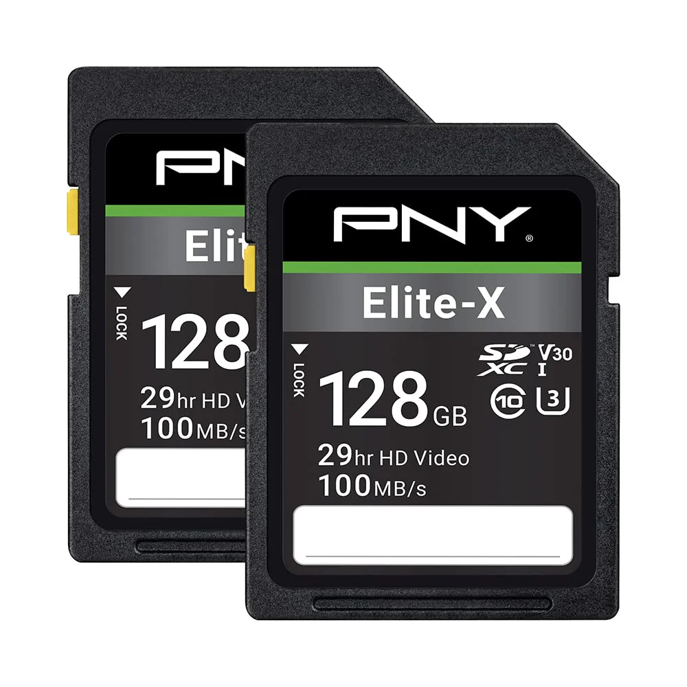 PNY 128GB Elite-X Class 10 U3 V30 SDXC Flash Memory Card 2-Pack - 100MB/s, Class 10, U3, V30, 4K UHD, Full HD, UHS-I, Full Size SD FLASH CARD - 2 PACK