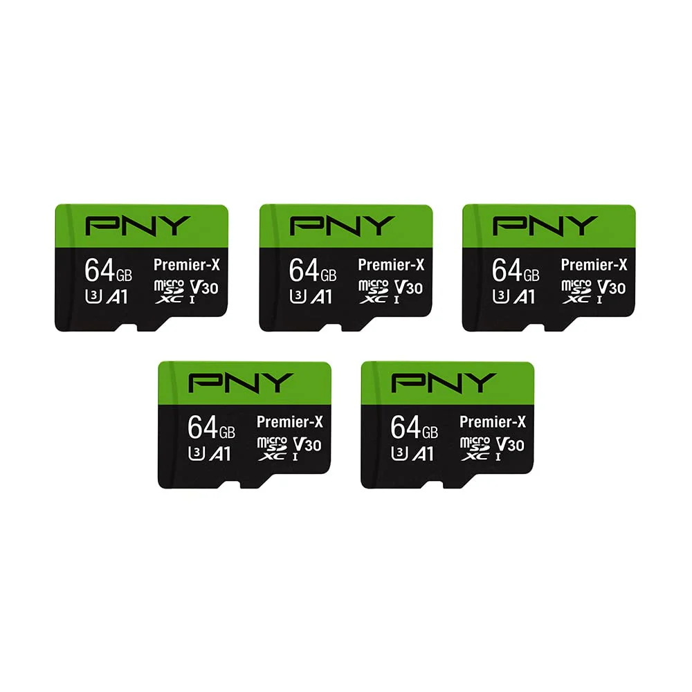 PNY 64GB Premier-X Class 10 U3 V30 microSDXC Flash Memory Card 5-Pack - 100MB/s, Class 10, U3, V30, A1, 4K UHD, Full HD, UHS-I, Micro SD FLASH CARD - 5 PACK