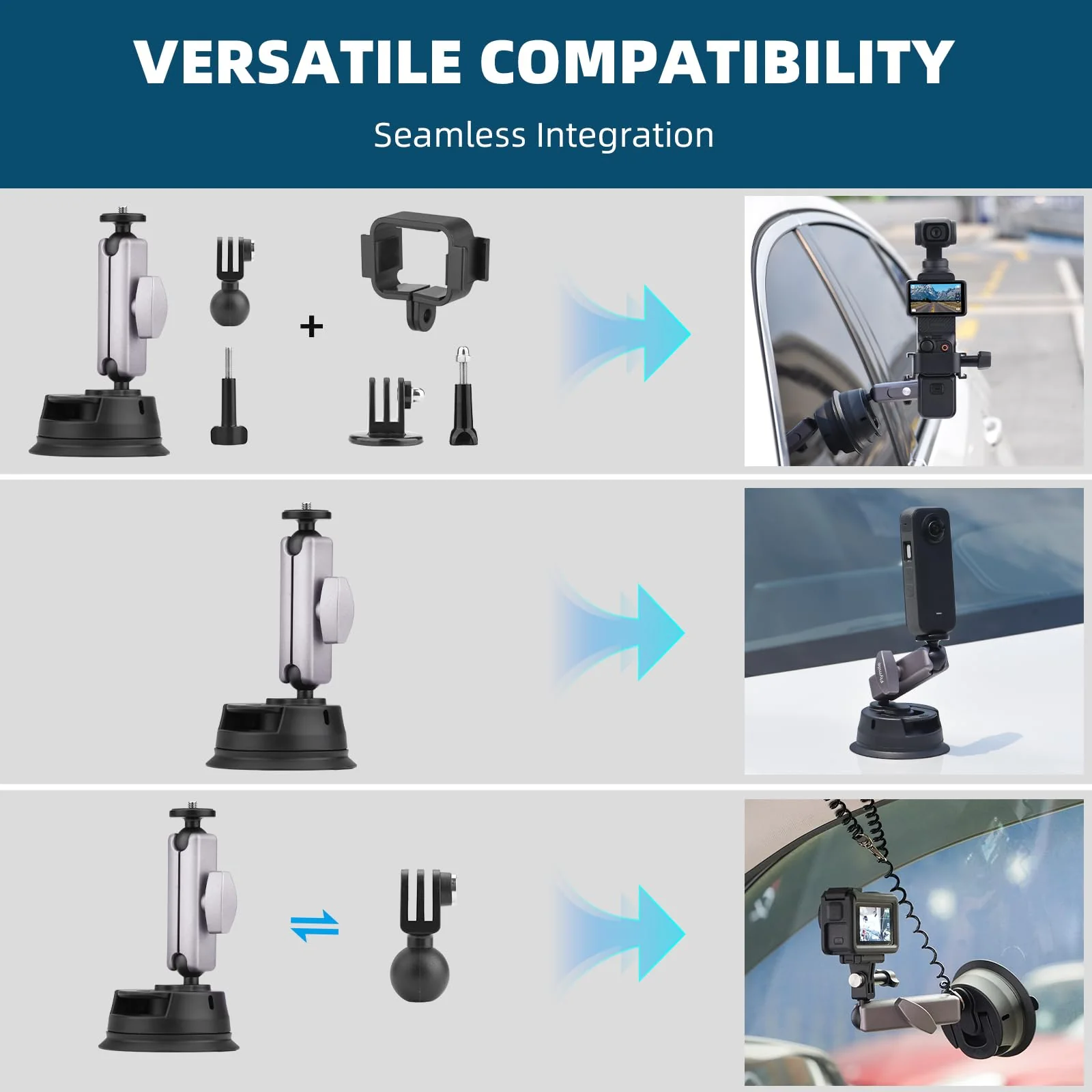 Pocket 3 Suction Cup Mount, Car Mount Windshield and Window Camera Holder for DJI Osmo Pocket 3 2, Action 4, Insta360 X4 X3 Go 3S, GoPro Hero 12 11 10 9 Accessories - Aluminum Alloy Metal - Image 2