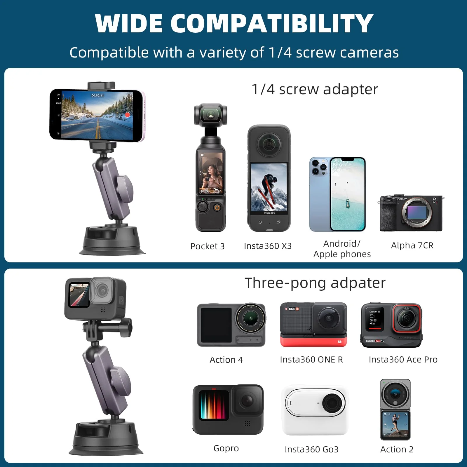 Pocket 3 Suction Cup Mount, Car Mount Windshield and Window Camera Holder for DJI Osmo Pocket 3 2, Action 4, Insta360 X4 X3 Go 3S, GoPro Hero 12 11 10 9 Accessories - Aluminum Alloy Metal - Image 4