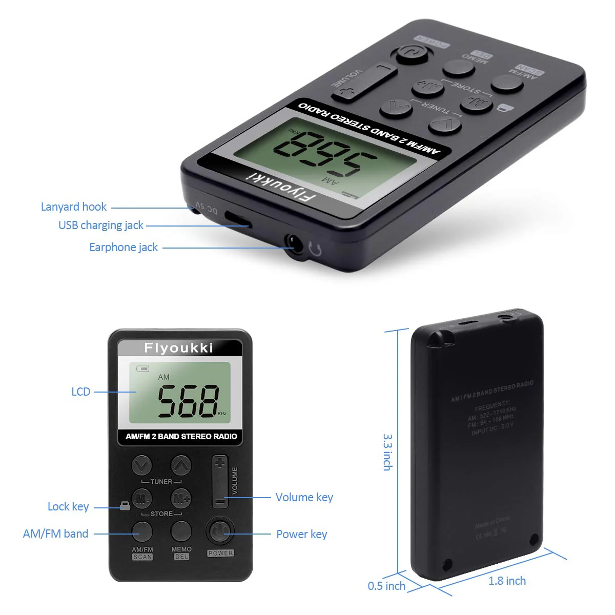 Pocket Small Radio by Flyoukki, Personal Mini AM FM Portable Digital Tuning Transistor Radios with Best Reception, Earphones, Lanyard and Rechargeable Battery for Walking Jogging Exercising (Black) Black - Image 3