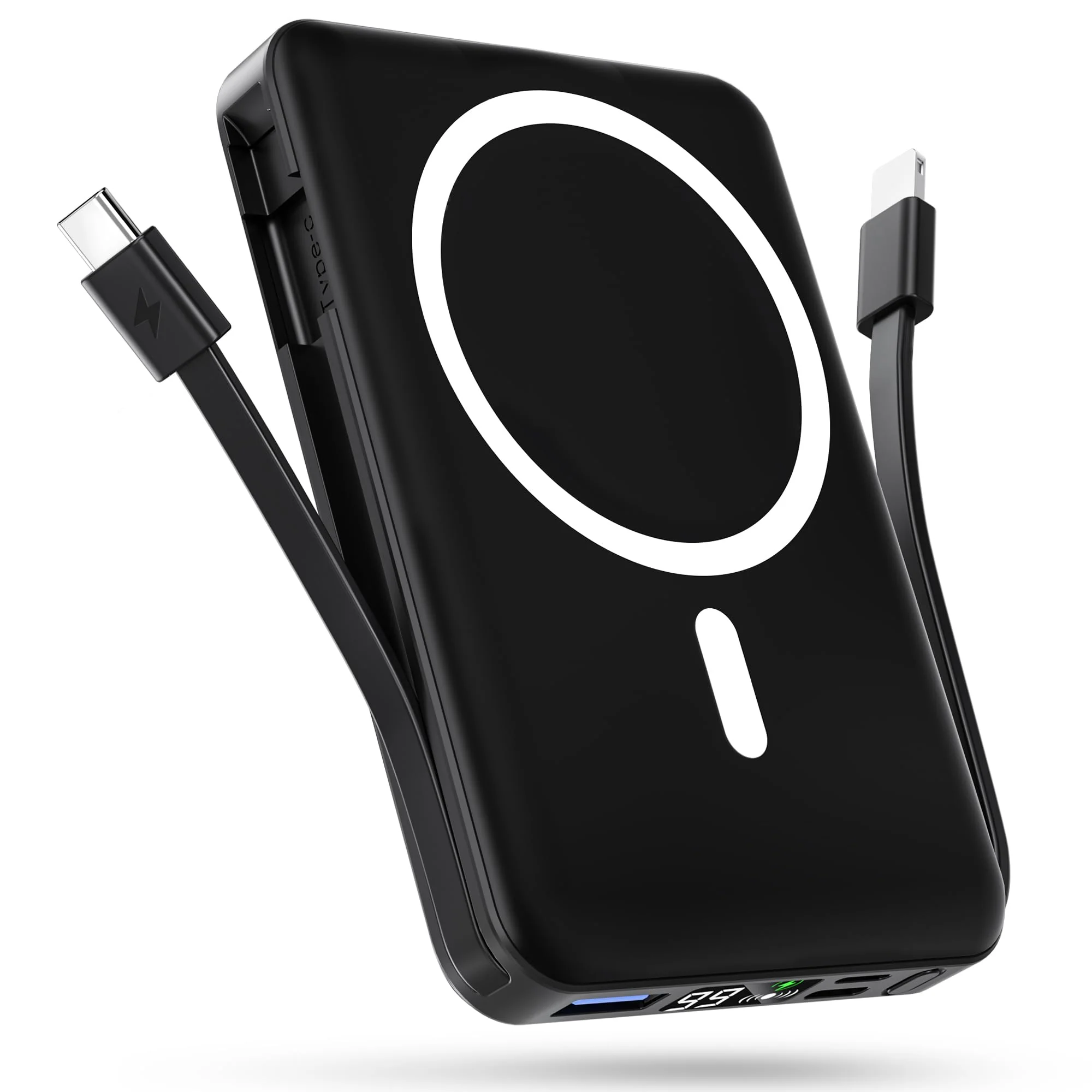 podoru for Magsafe Battery Pack, 10000mAh Magnetic Power Bank Built-in USB C Lighting Cables 22.5W PD Fast Charging LED Display Wireless Portable Charger for iPhone 16/15/14/13/12/ All Series-Black A-Space Black