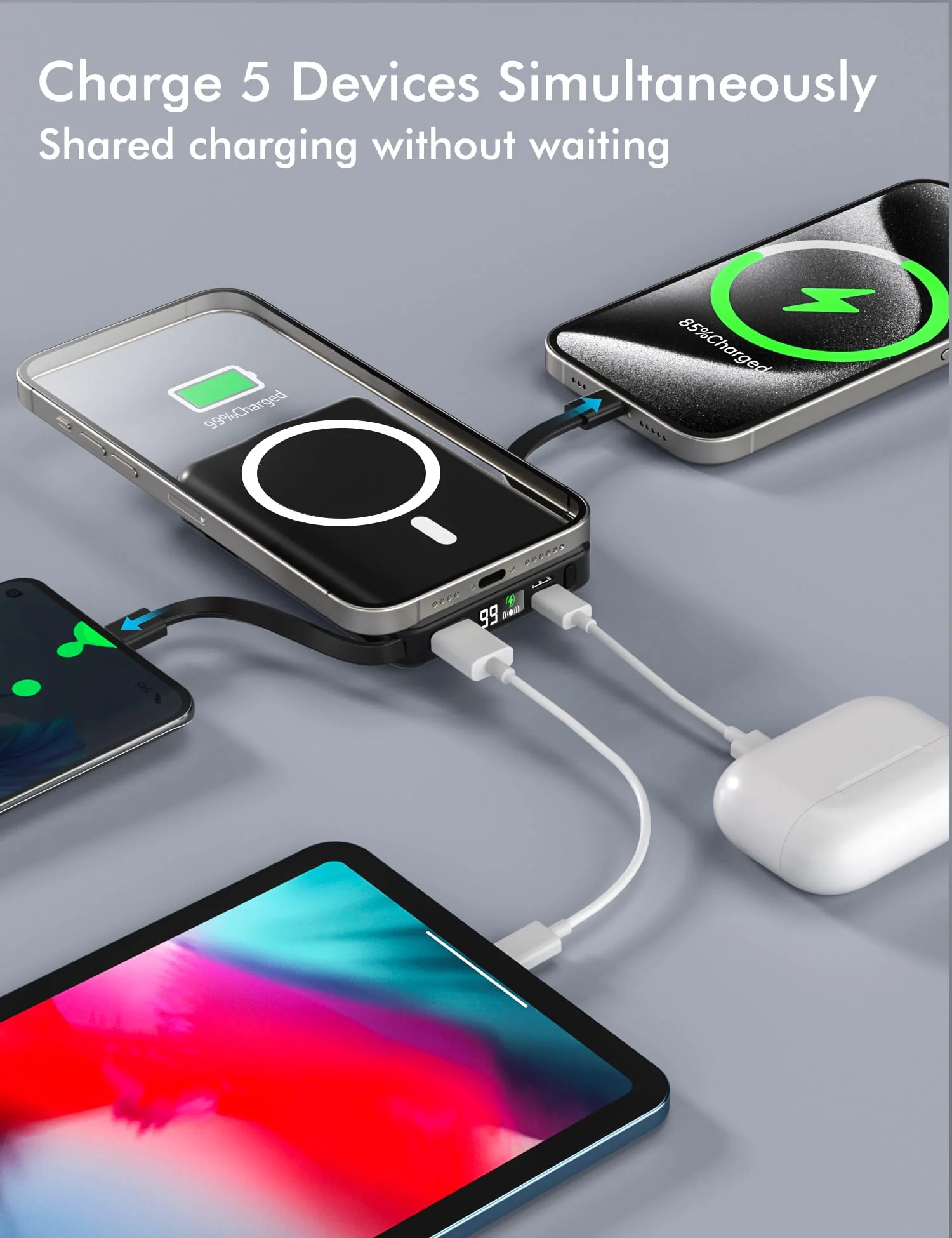 podoru for Magsafe Battery Pack, 10000mAh Magnetic Power Bank Built-in USB C Lighting Cables 22.5W PD Fast Charging LED Display Wireless Portable Charger for iPhone 16/15/14/13/12/ All Series-Black A-Space Black - Image 2