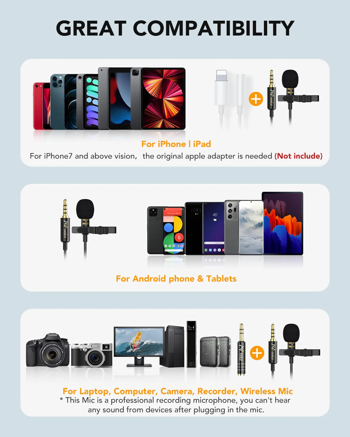 PoP Voice 2Pcs Professional Lavalier Lapel Microphone 3.5mm Compatible With DJI Mic/Rode Wireless GO Transmitters for Smartphone Camera, Mini Mic for YouTube, Interview, Video, Broadcasters 2Pcs 6.5FT - Image 4