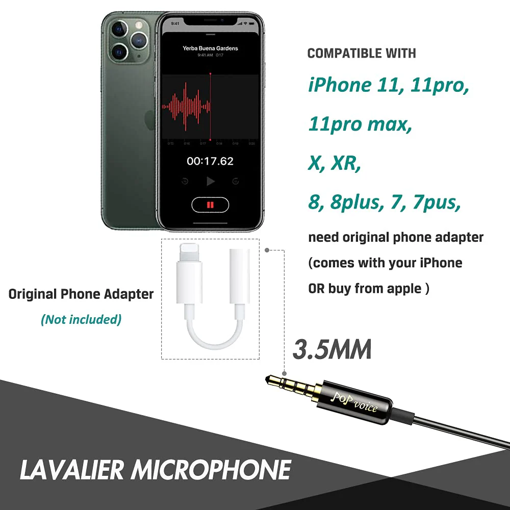 PoP voice Professional Lavalier Lapel Microphone Omnidirectional Condenser Mic for iPhone Android Smartphone,Recording Mic for Youtube,Interview,Video - Image 5