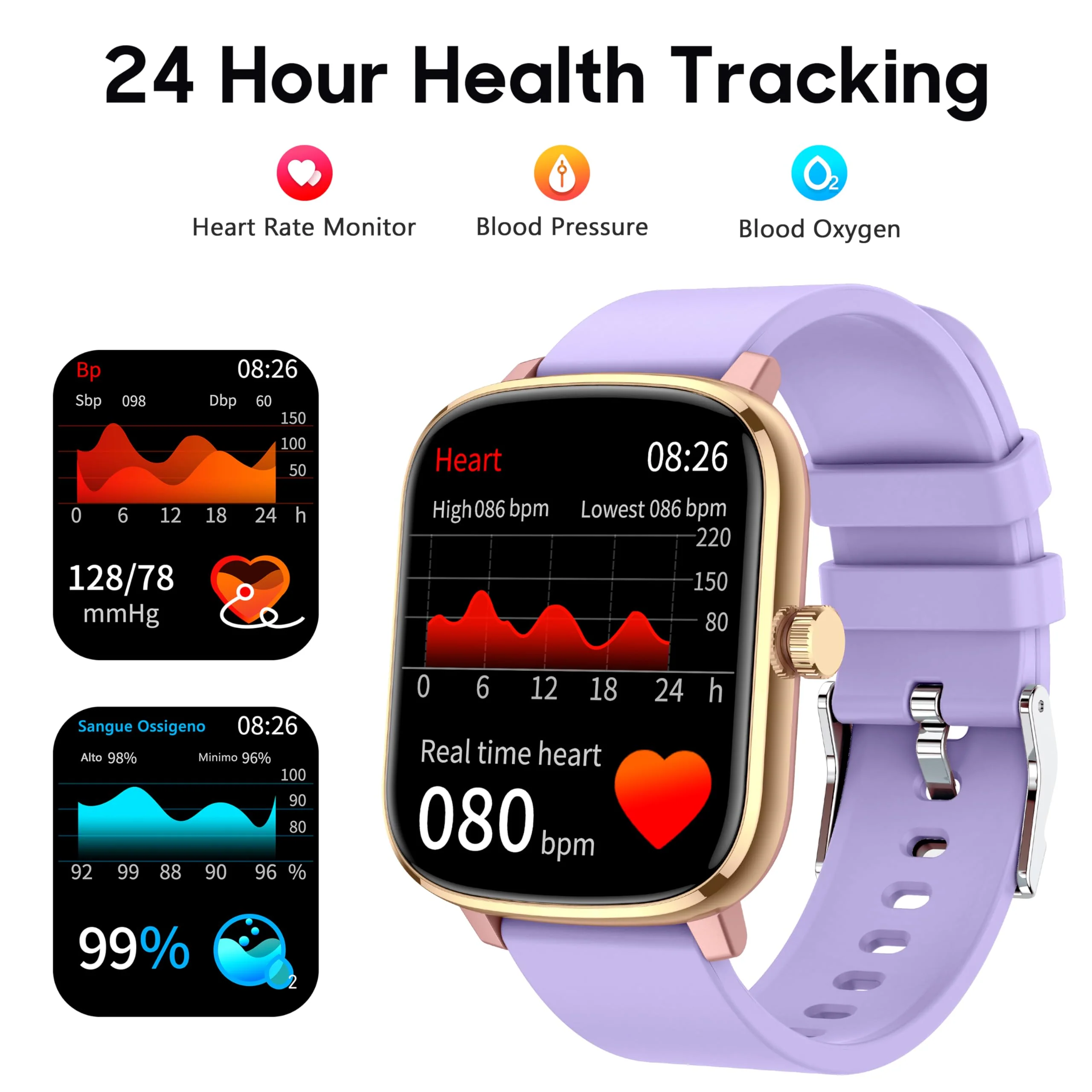 Popglory Smart Watch, 1.69'' Fitness Watch Women Men with Heart Rate, Blood Pressure, Blood Oxygen & Sleep Monitor, 110 Sports Modes Fitness Tracker, Waterproof Pedometer Compatible Android iPhone Purple Golden - Image 3