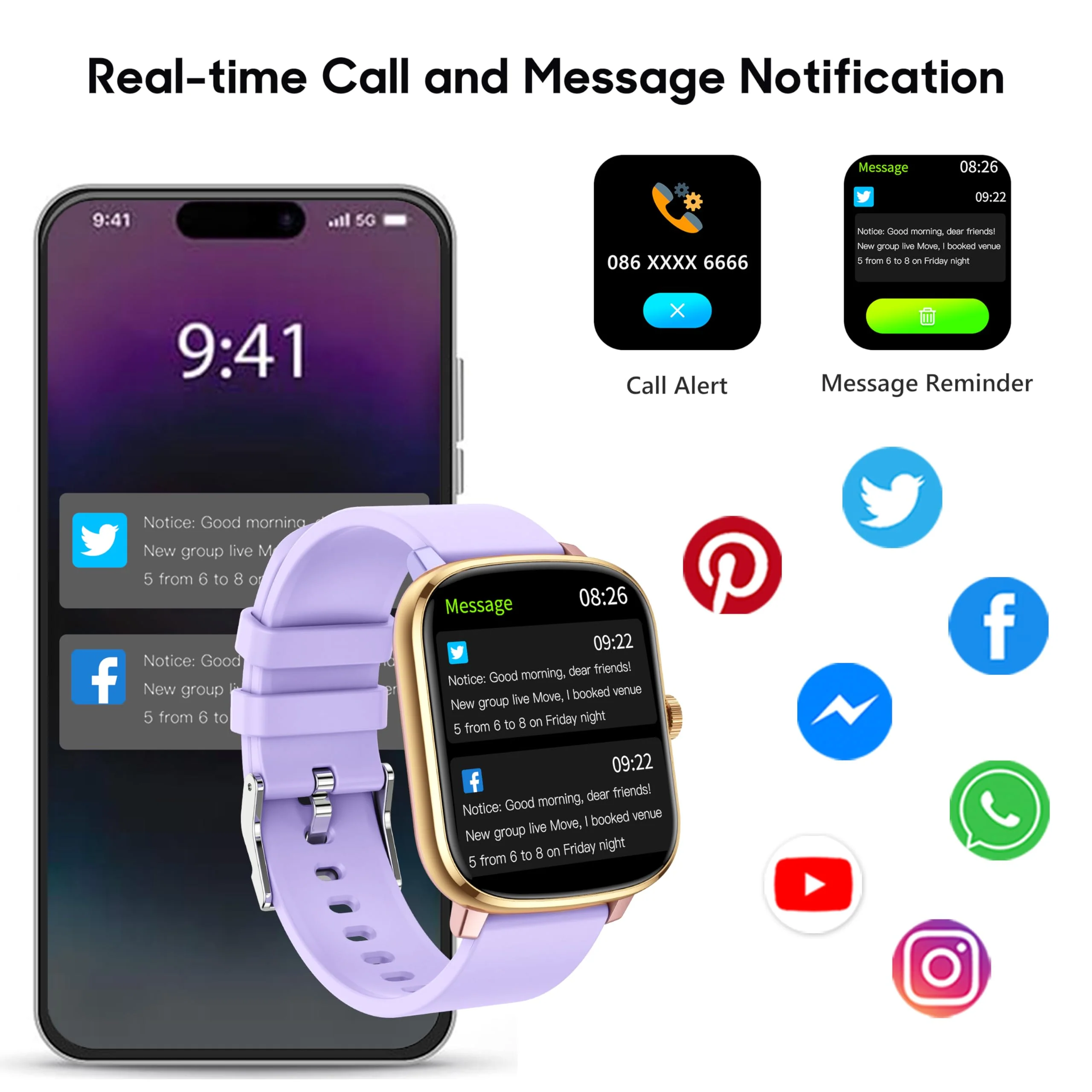 Popglory Smart Watch, 1.69'' Fitness Watch Women Men with Heart Rate, Blood Pressure, Blood Oxygen & Sleep Monitor, 110 Sports Modes Fitness Tracker, Waterproof Pedometer Compatible Android iPhone Purple Golden - Image 4
