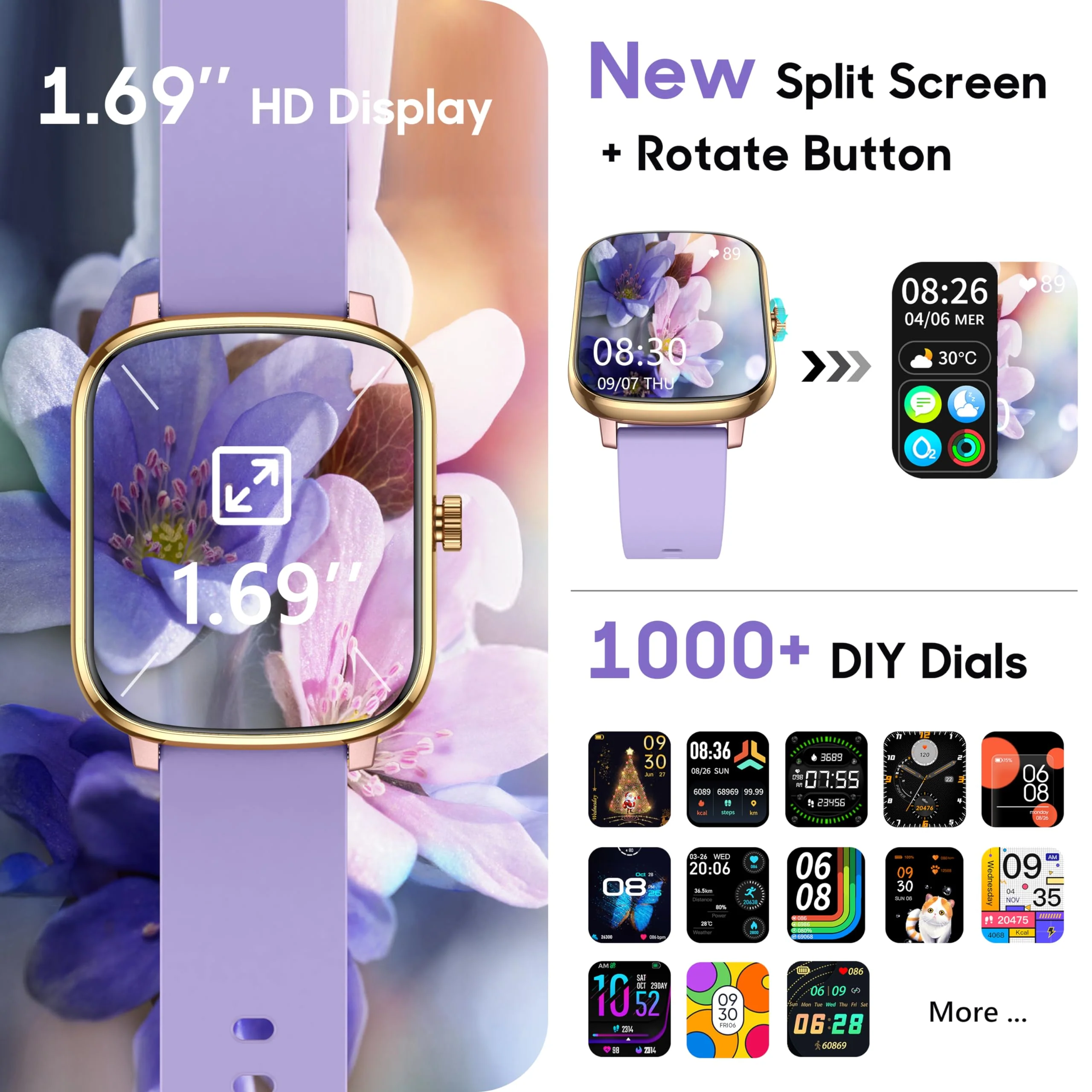Popglory Smart Watch, 1.69'' Fitness Watch Women Men with Heart Rate, Blood Pressure, Blood Oxygen & Sleep Monitor, 110 Sports Modes Fitness Tracker, Waterproof Pedometer Compatible Android iPhone Purple Golden - Image 5