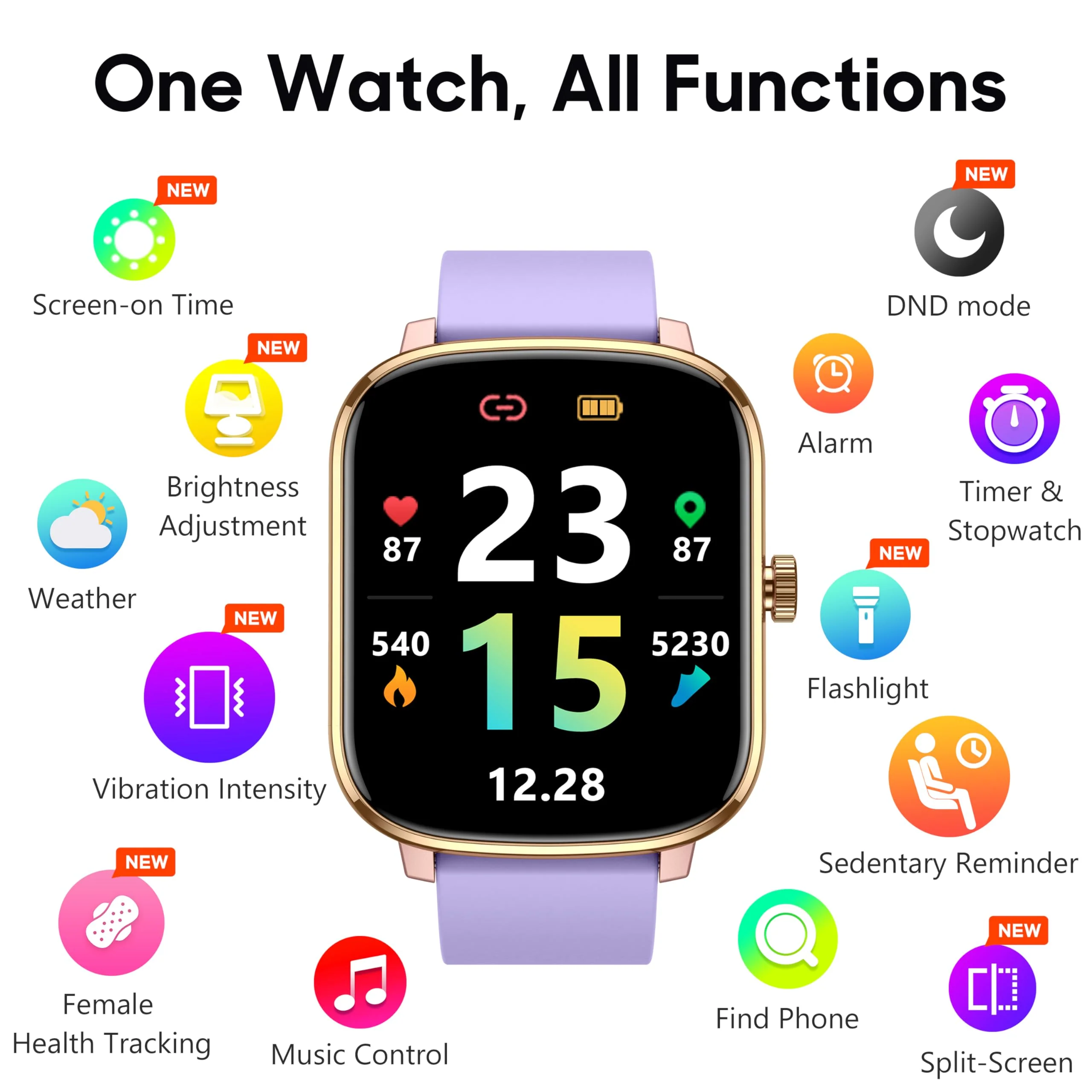 Popglory Smart Watch, 1.69'' Fitness Watch Women Men with Heart Rate, Blood Pressure, Blood Oxygen & Sleep Monitor, 110 Sports Modes Fitness Tracker, Waterproof Pedometer Compatible Android iPhone Purple Golden - Image 6